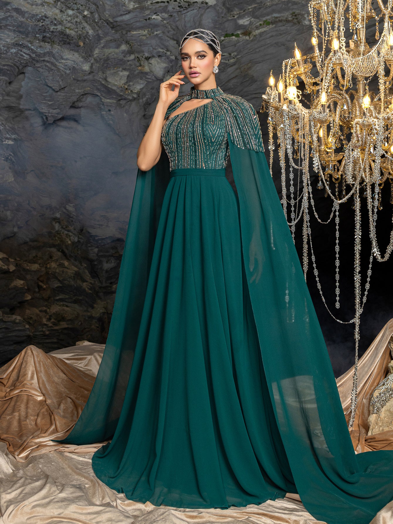 Gorgeous High Neck Chiffon Gown with Detachable Cape | Asymmetrical Cutout & Beaded Embroidery