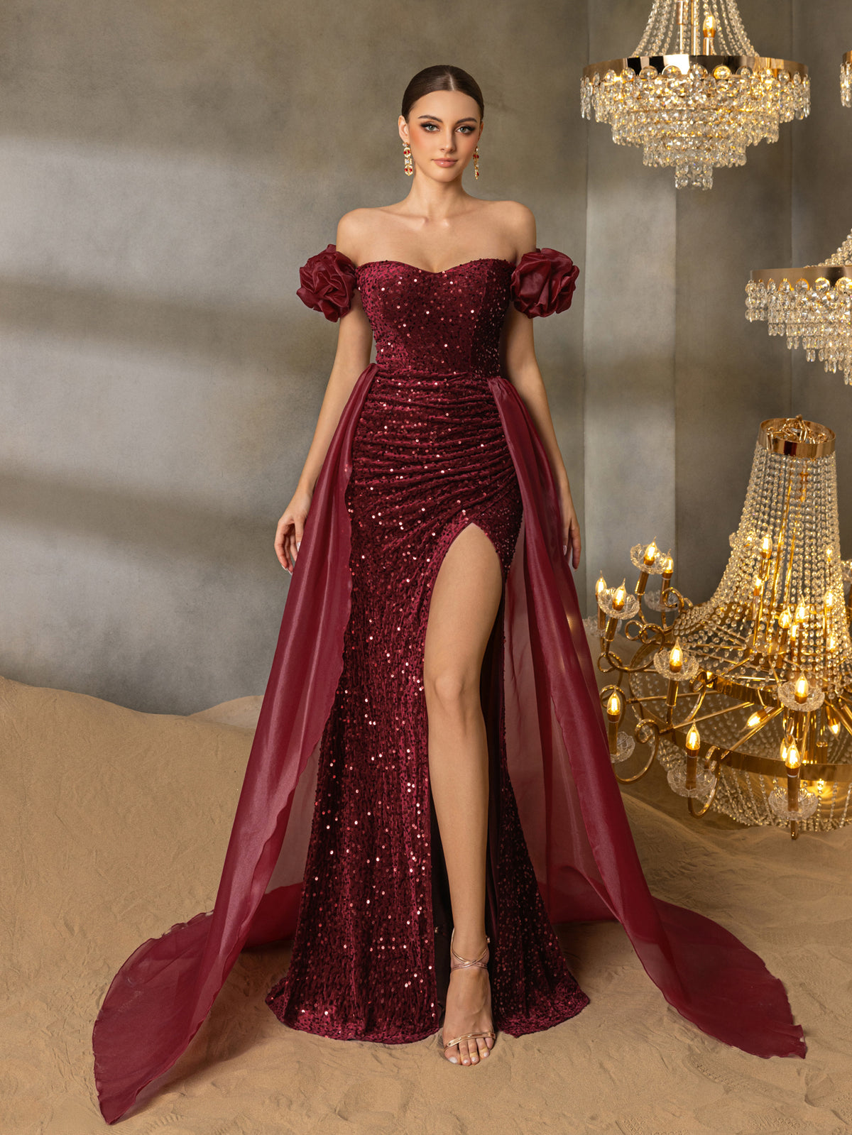 Off Shoulder Split Thigh Sequin Mermaid Formal Dress