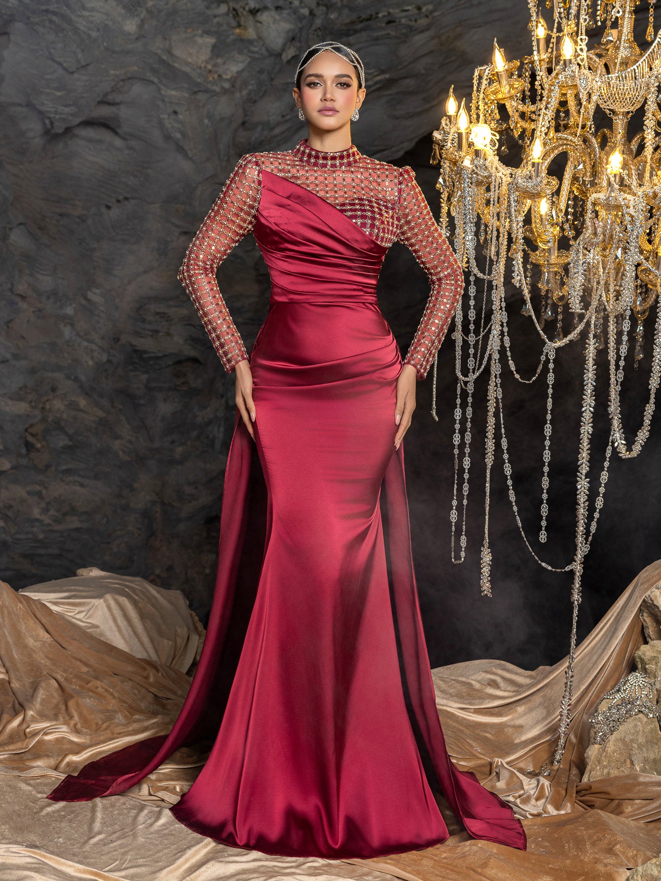 Elegant Beaded Sheer Long Sleeve Gown | High Neck & Satin Mermaid Skirt