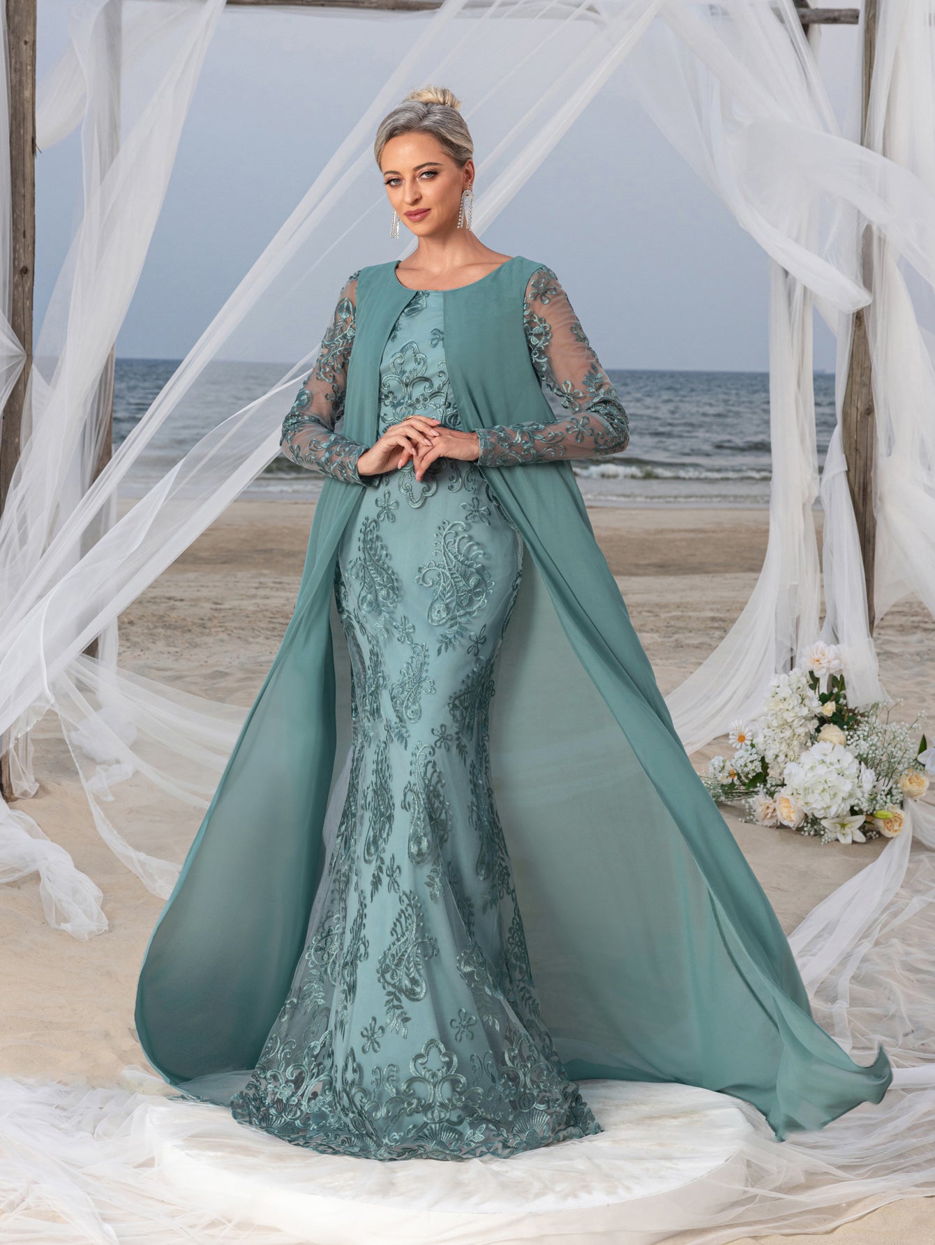 Womens' Elegant Lace Mermaid Gown - Sheer Sleeves & Intricate Lace Pa Elonnashop Womens' Elegant Lace Mermaid Gown - Sheer Sleeves & Intricate Lace Pa Elonnashop