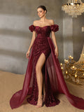 Off Shoulder Split Thigh Sequin Mermaid Formal Dress