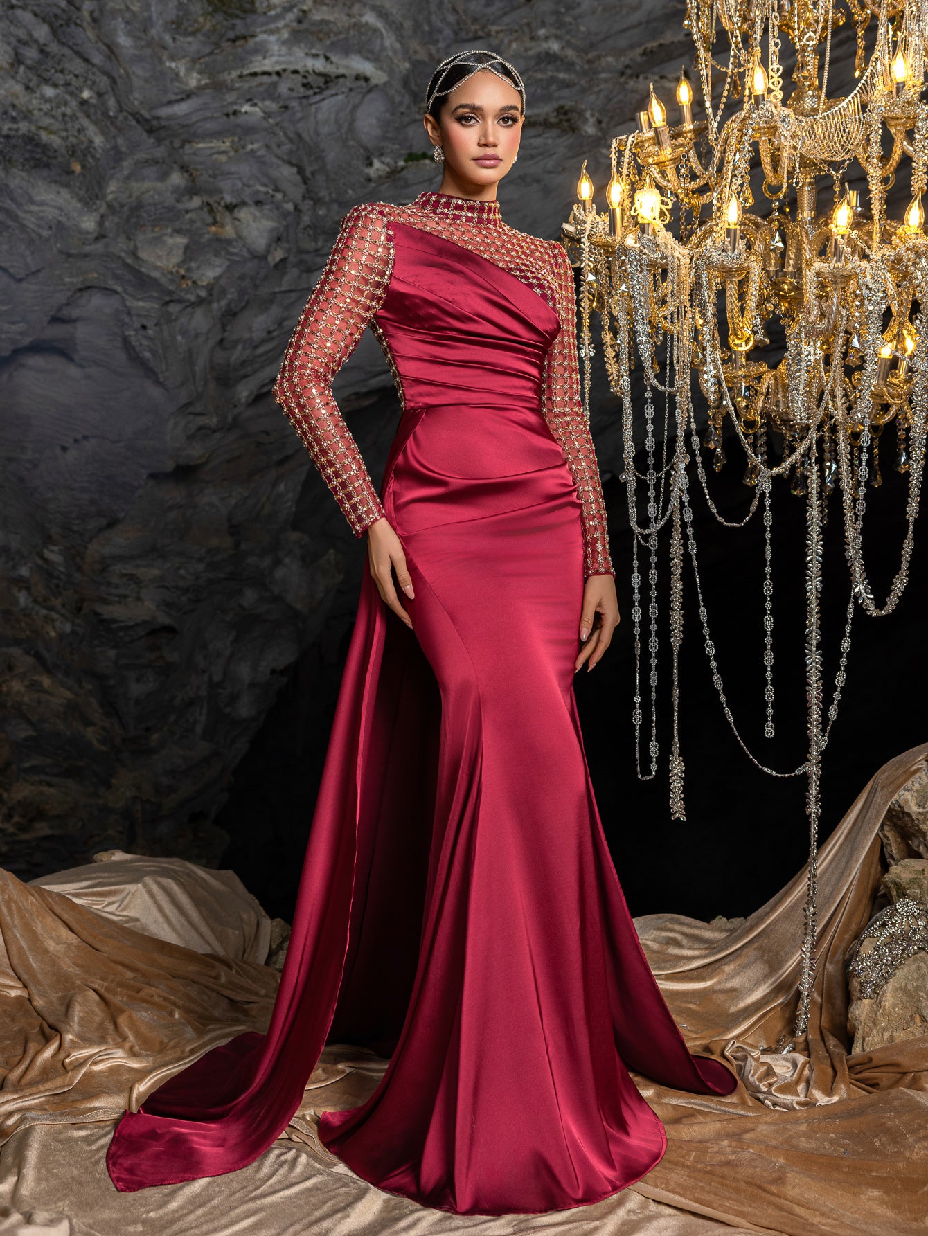 Elegant Beaded Sheer Long Sleeve Gown | High Neck & Satin Mermaid Skirt