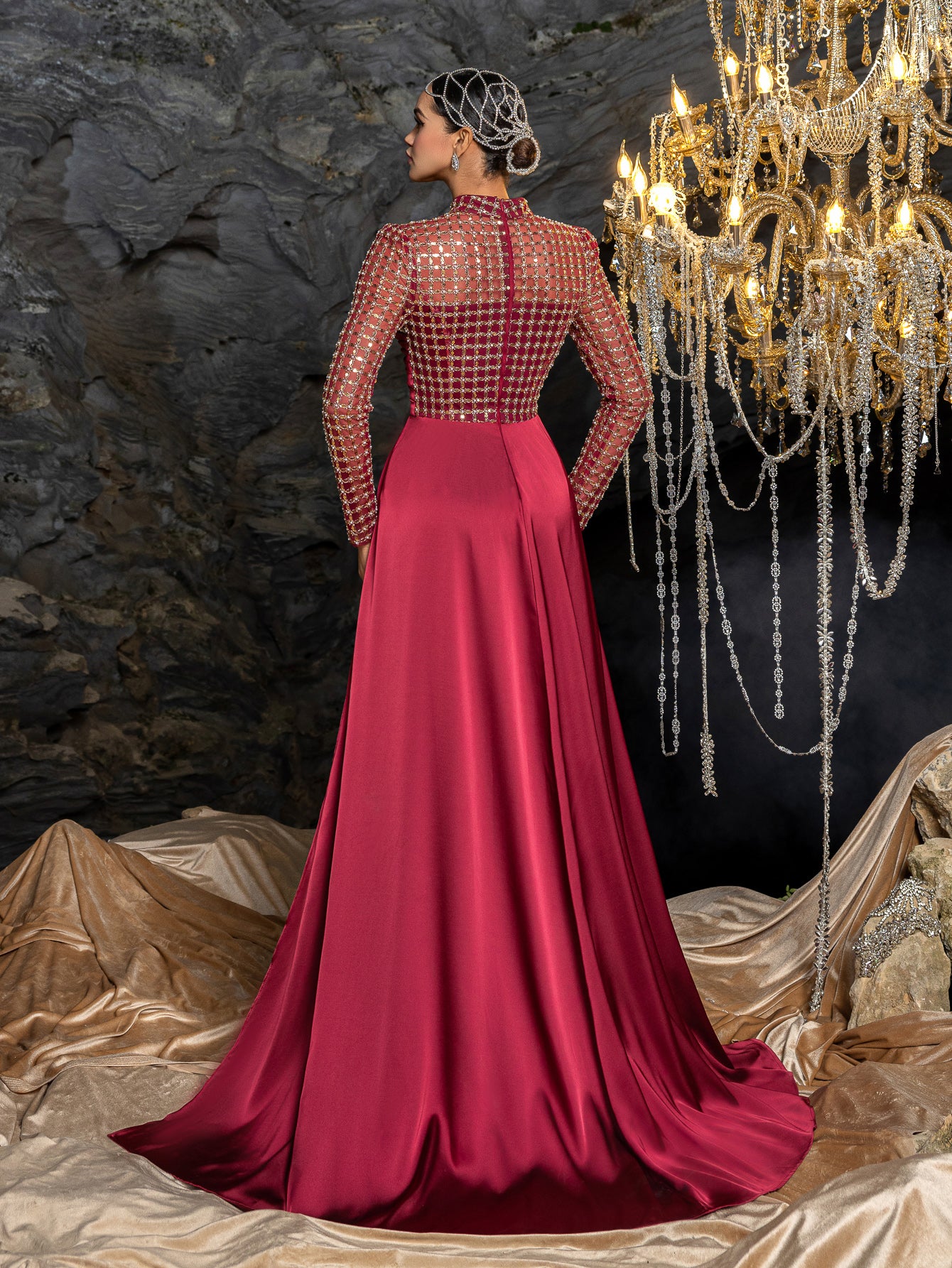 Elegant Beaded Sheer Long Sleeve Gown | High Neck & Satin Mermaid Skirt