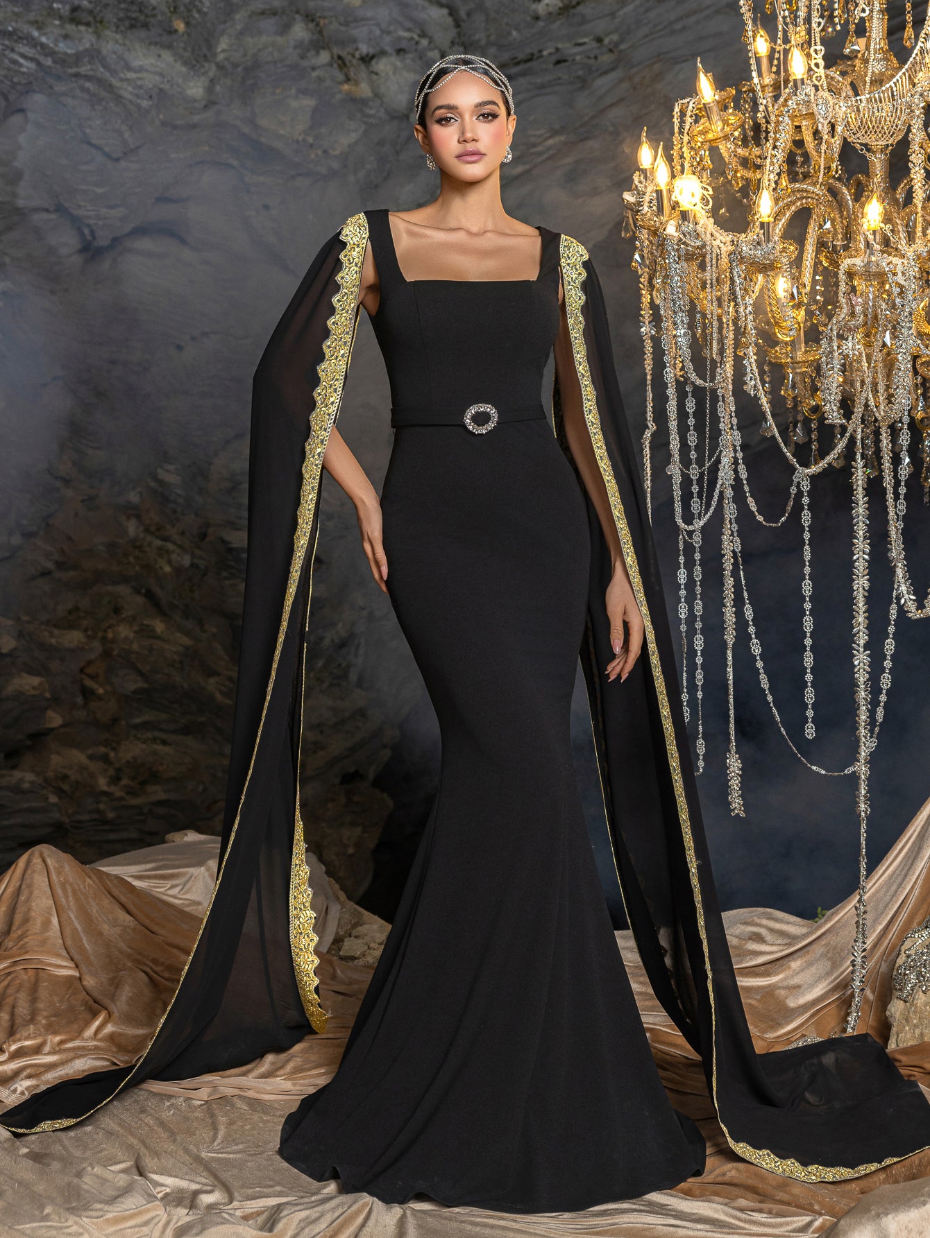 Mermaid evening gown, square neckline dress, transparent cape evening gown, golden embroidered edges, belted waist dress, circular accent belt, fitted mermaid silhouette, flares at knees skirt, sleek back evening dress, formal gala Mermaid evening gown, square neckline dress, transparent cape evening gown, golden embroidered edges, belted waist dress, circular accent belt, fitted mermaid silhouette, flares at knees skirt, sleek back evening dress, formal gala