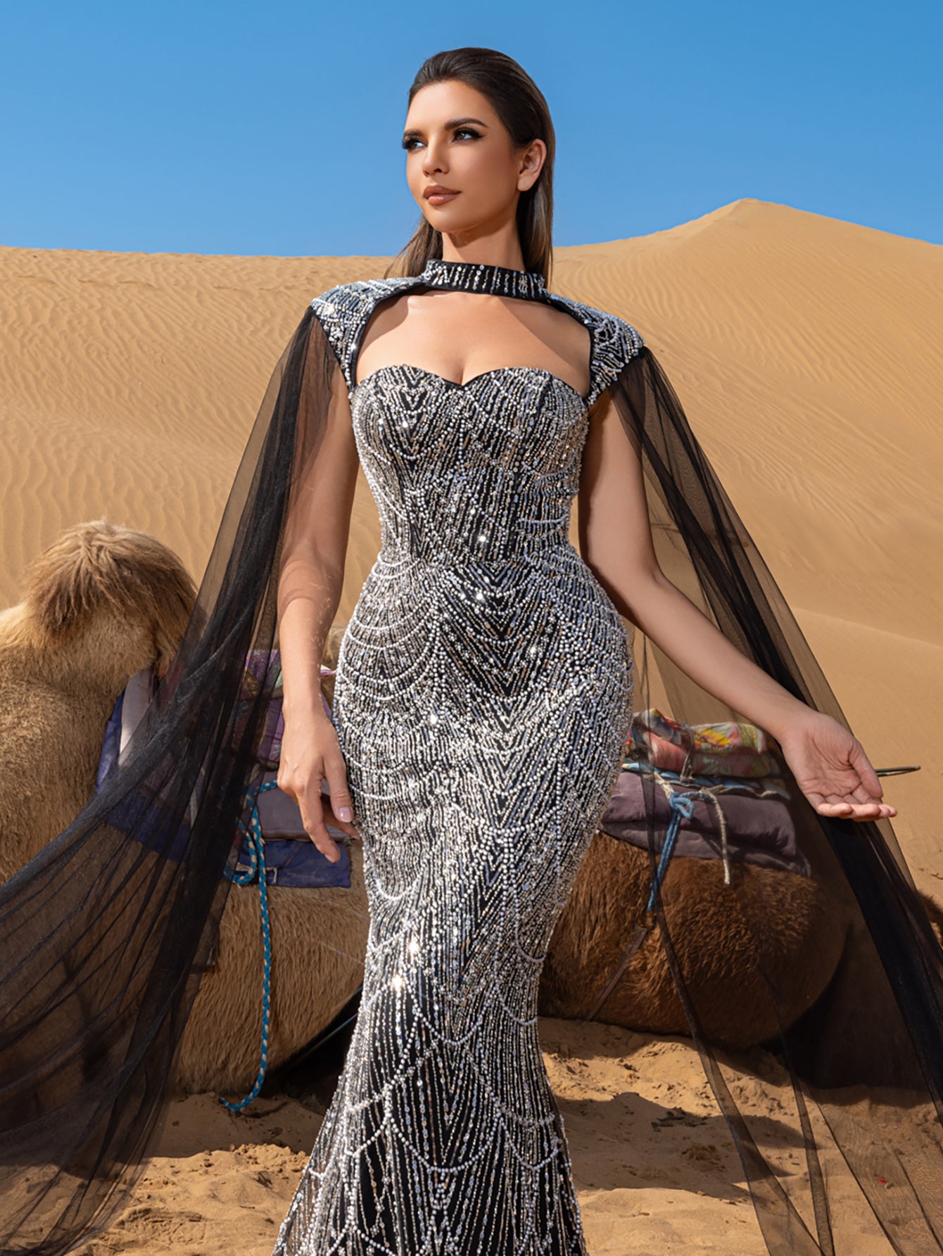 Gorgeous Choker Neck Backless Extra-Long Sleeves Beaded Formal Dress Light Blue / M Gorgeous Choker Neck Backless Extra-Long Sleeves Beaded Formal Dress Light Blue / M