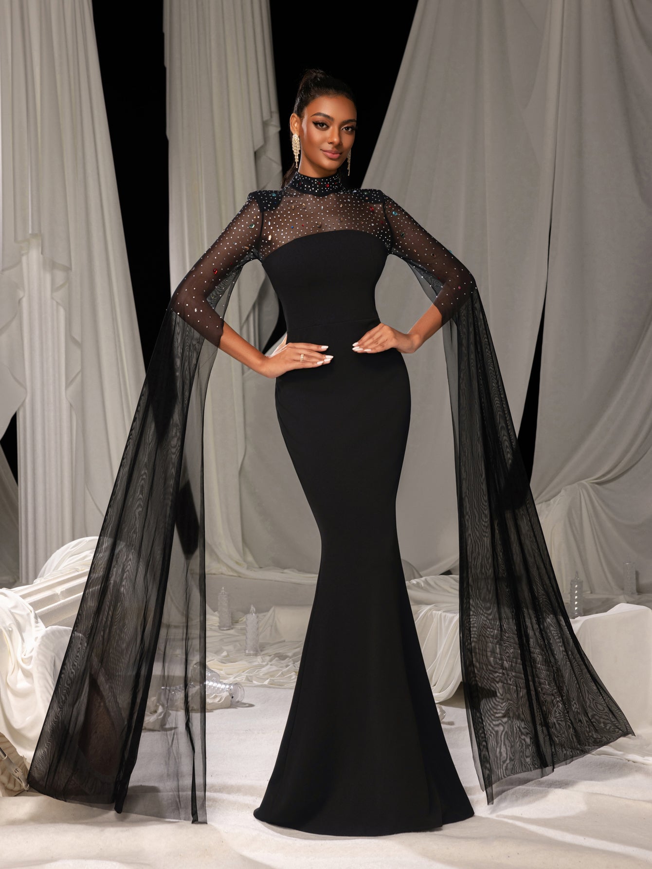 Elegant Sheer Sleeve Mermaid Gown with Rhinestone Capelet | Structured Bodice & Floor-Length Train
