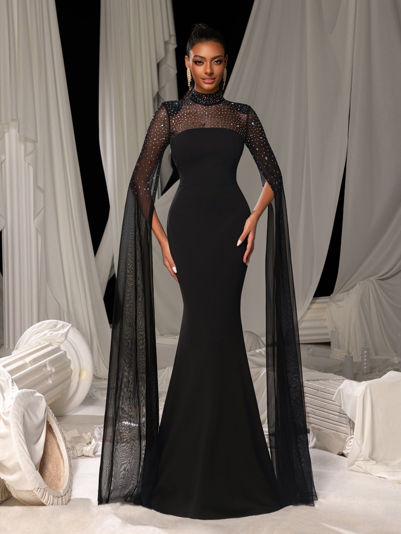 Elegant Sheer Sleeve Mermaid Gown with Rhinestone Capelet | Structured Bodice & Floor-Length Train