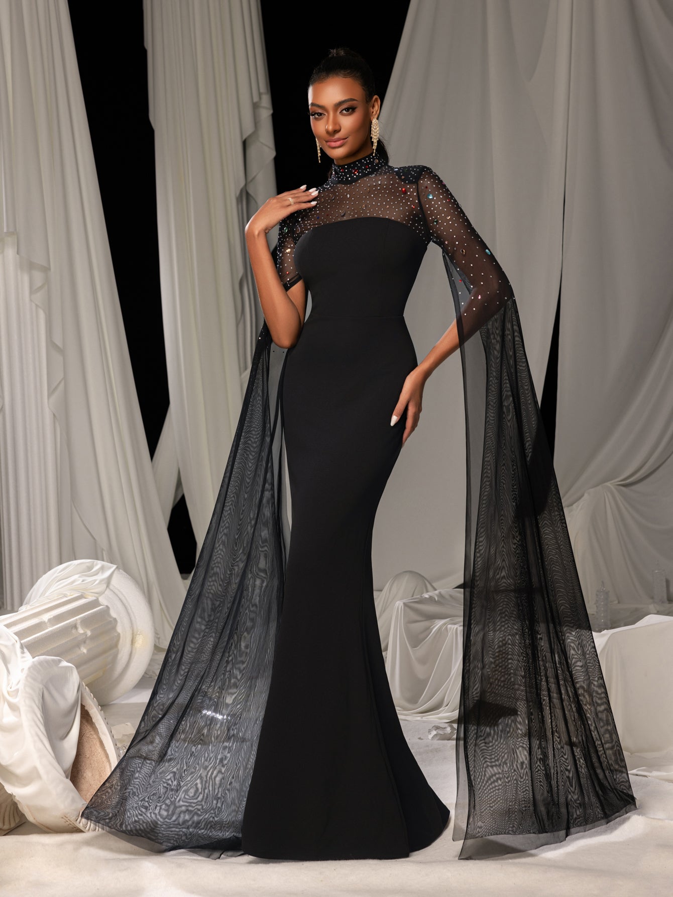 Elegant Sheer Sleeve Mermaid Gown with Rhinestone Capelet | Structured Bodice & Floor-Length Train