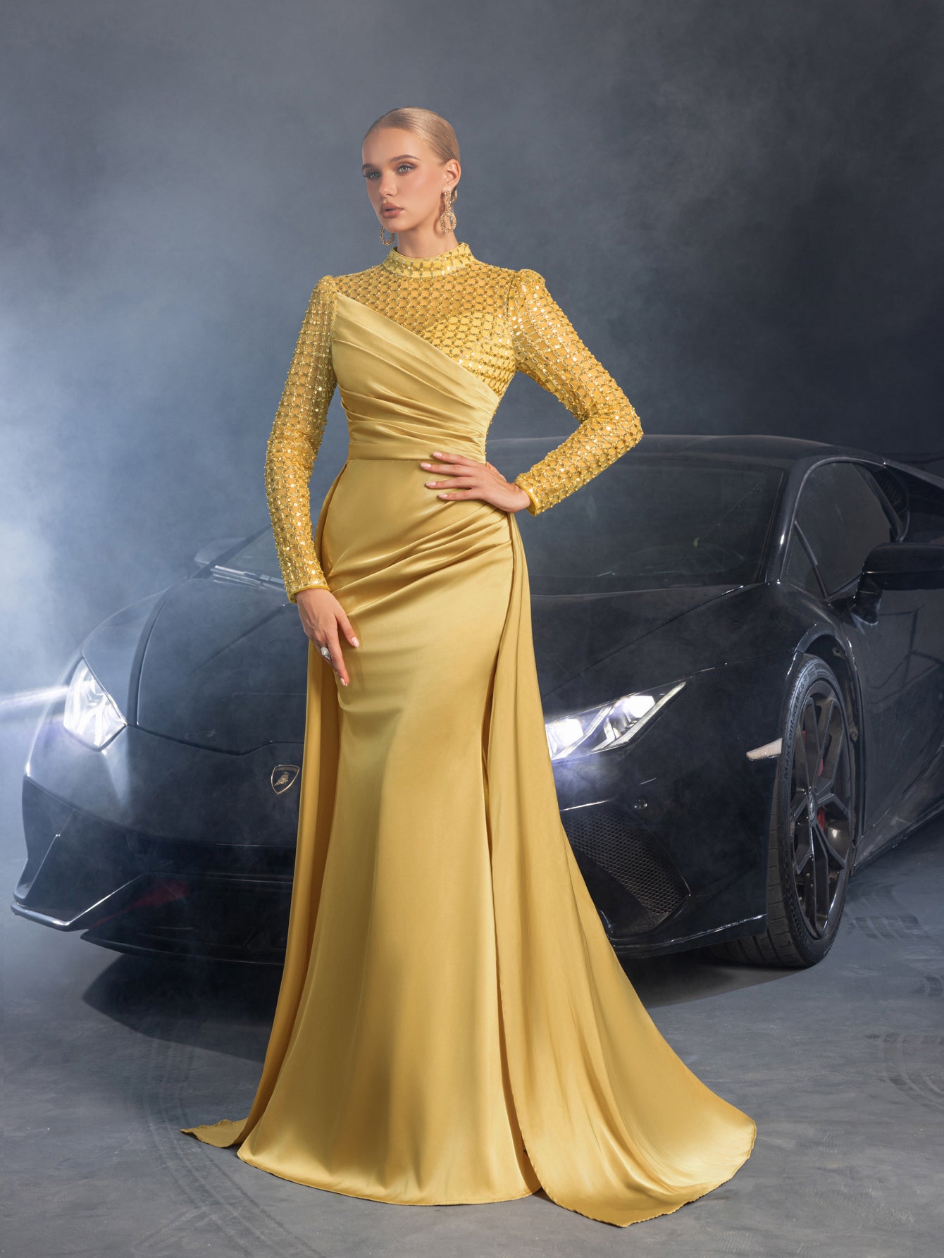 Elegant Beaded Sheer Long Sleeve Gown | High Neck & Satin Mermaid Skirt