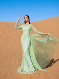 Luxury Gorgeous Pearl Embellished Draped Side Mermaid Hem Beaded Evening Dress