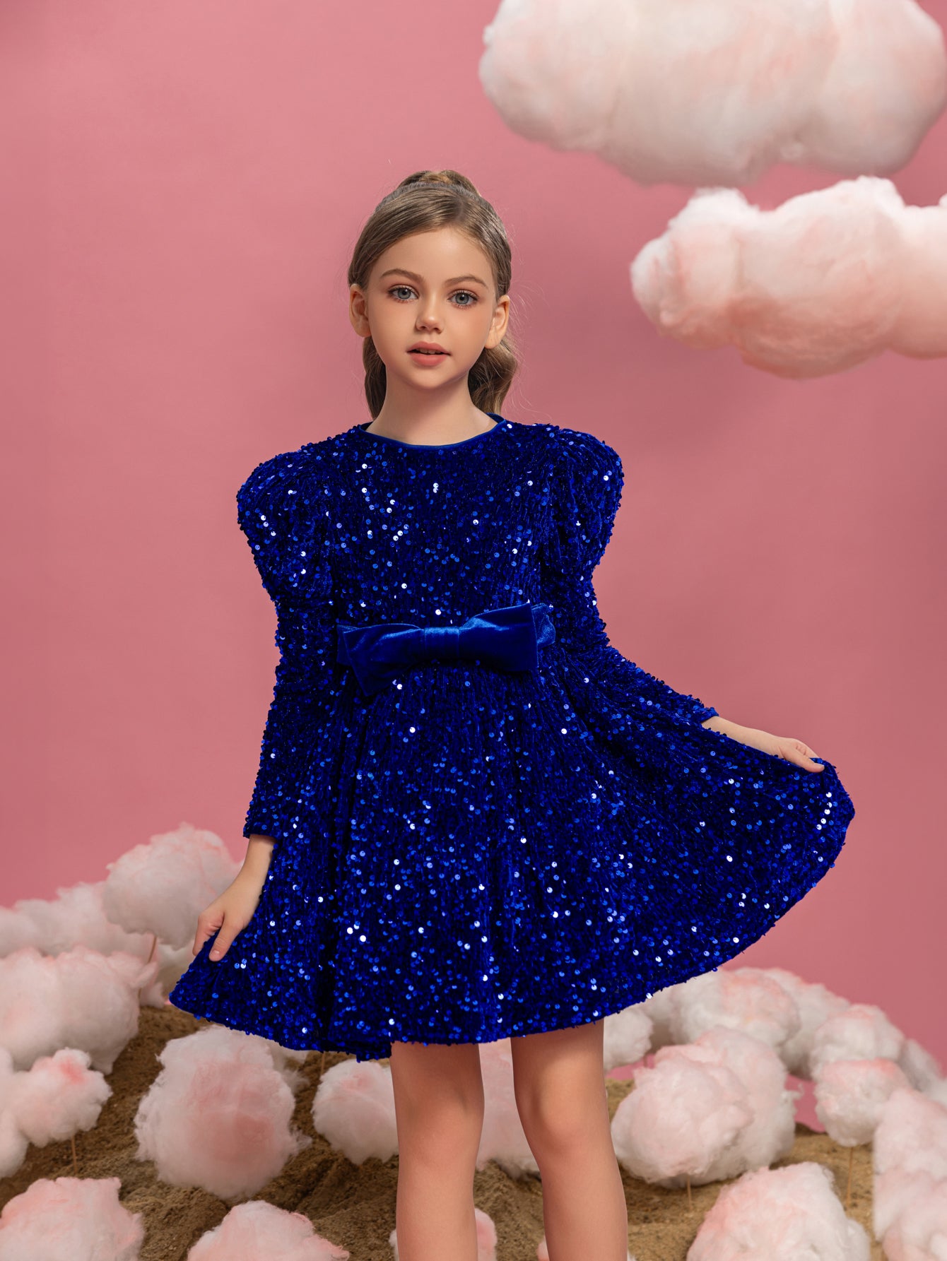 Tween Girls' Bow Decoration Gigot Sleeves Sequin Midi Dress Party Dress