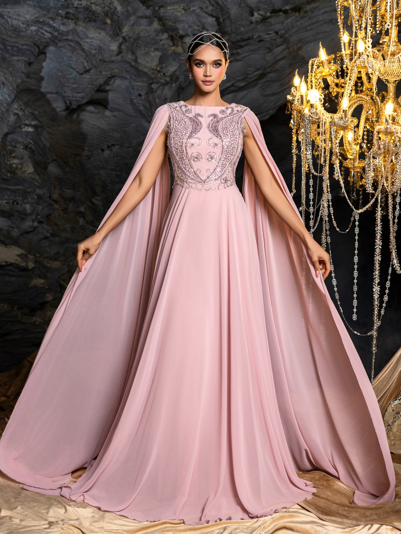 Gorgeous Open Back Formal Gown | Embroidered Bodice with Dramatic Cape Sleeves