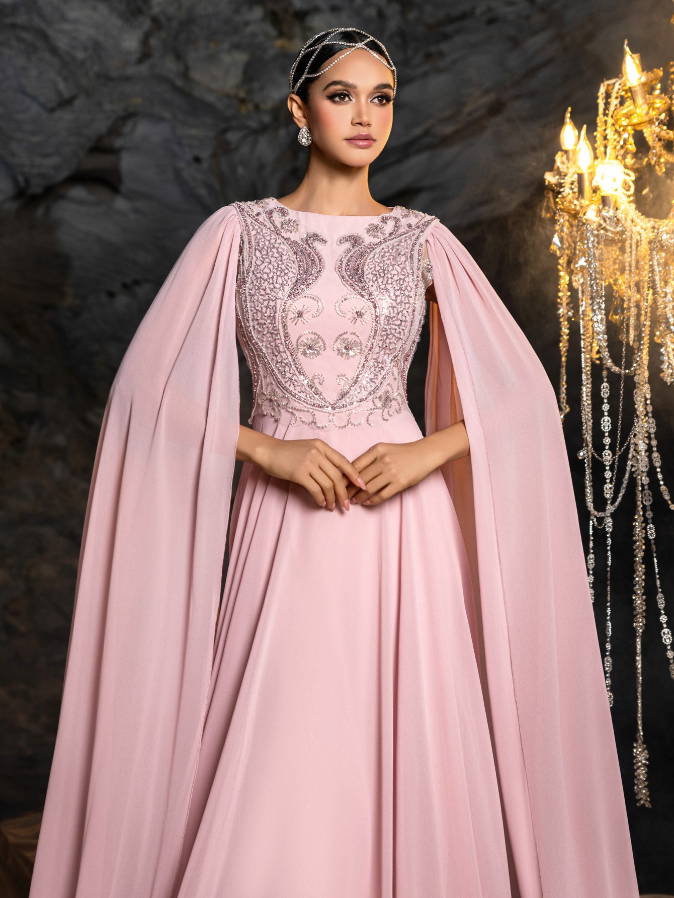 Gorgeous Open Back Formal Gown | Embroidered Bodice with Dramatic Cape Sleeves