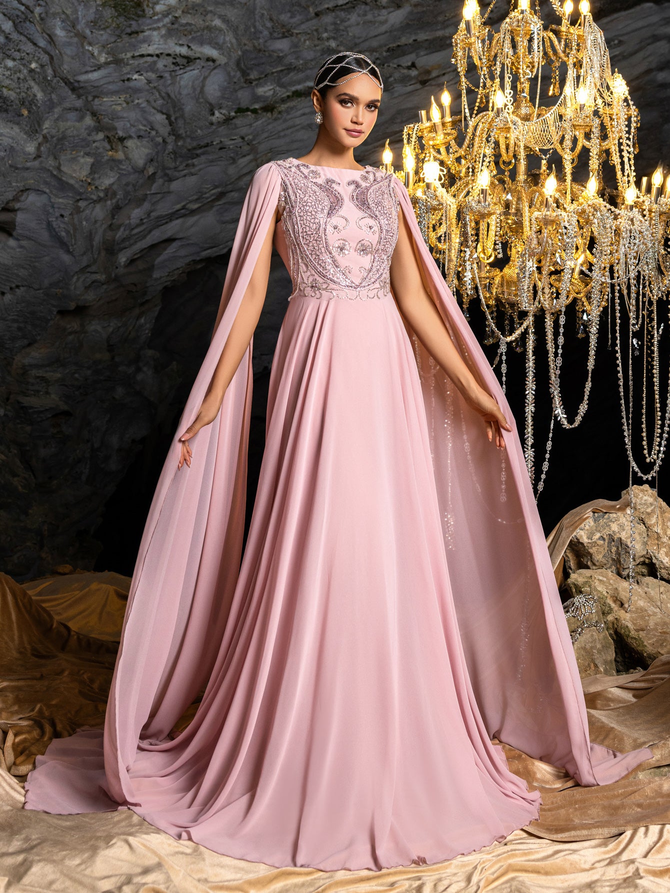Gorgeous Open Back Formal Gown | Embroidered Bodice with Dramatic Cape Sleeves