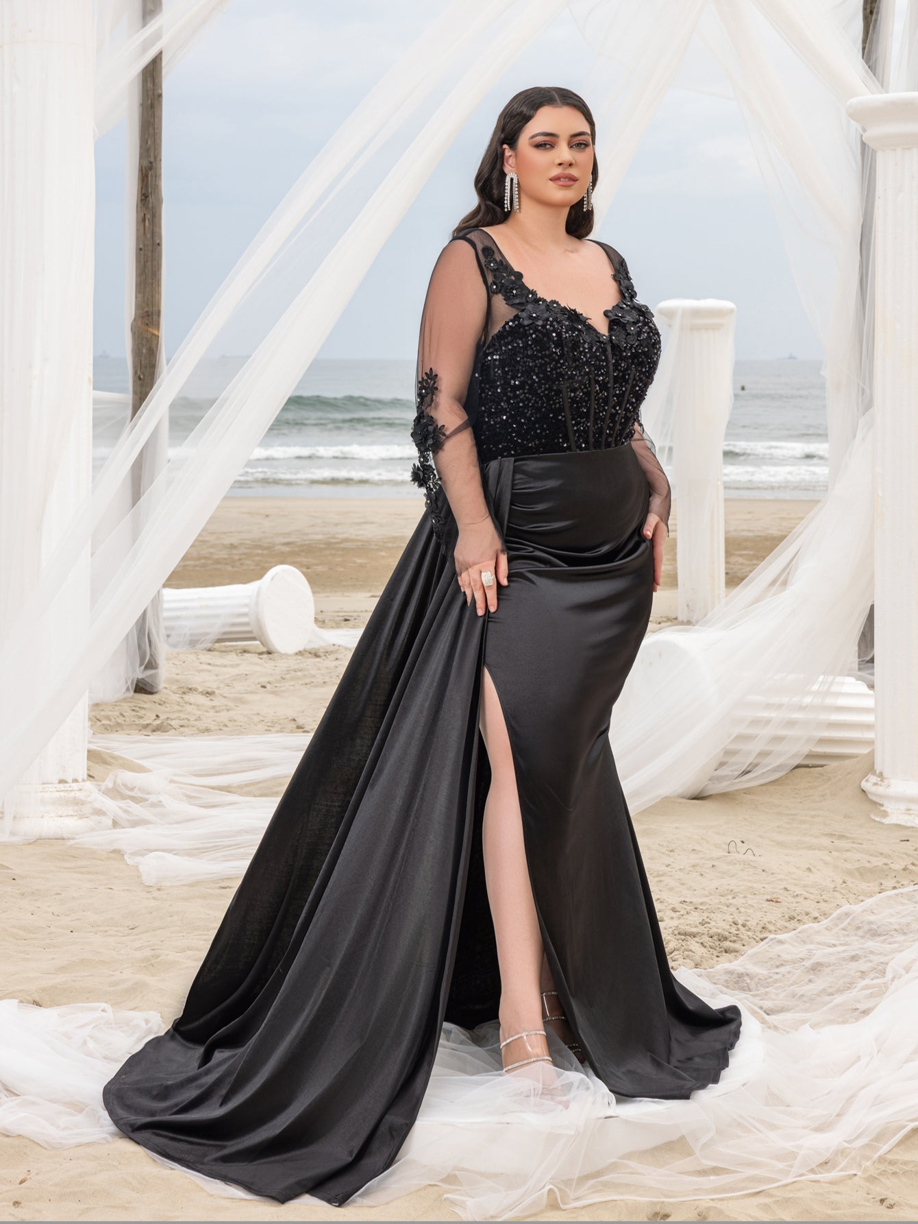 Plus Elegant Sequin Bodice Sheer Sleeves Mermaid Hem Satin Evening Dress