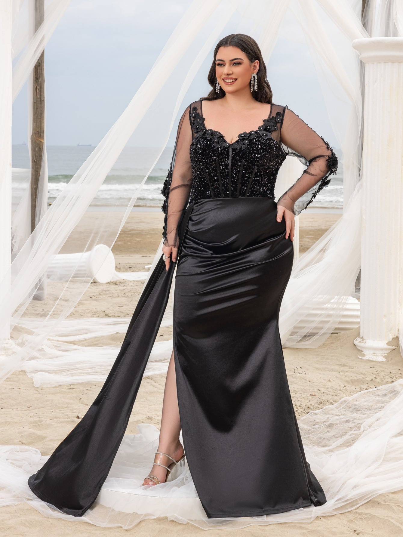 Plus Elegant Sequin Bodice Sheer Sleeves Mermaid Hem Satin Evening Dress