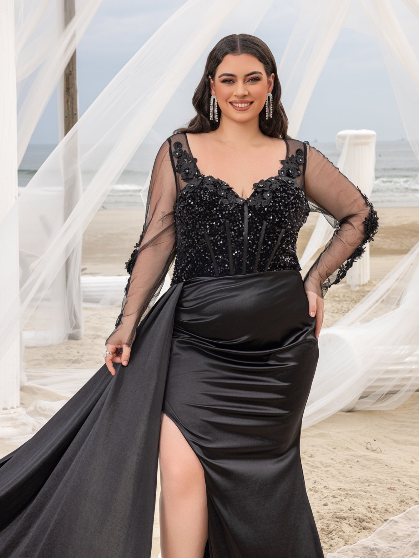 Plus Elegant Sequin Bodice Sheer Sleeves Mermaid Hem Satin Evening Dress