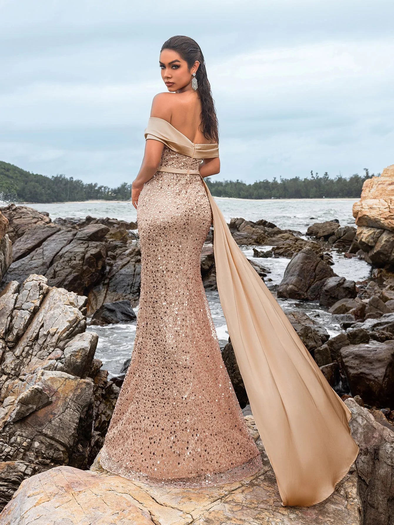 Elegant Off Shoulder Draped Side Split Mermaid Hem Sequin Evening Dress