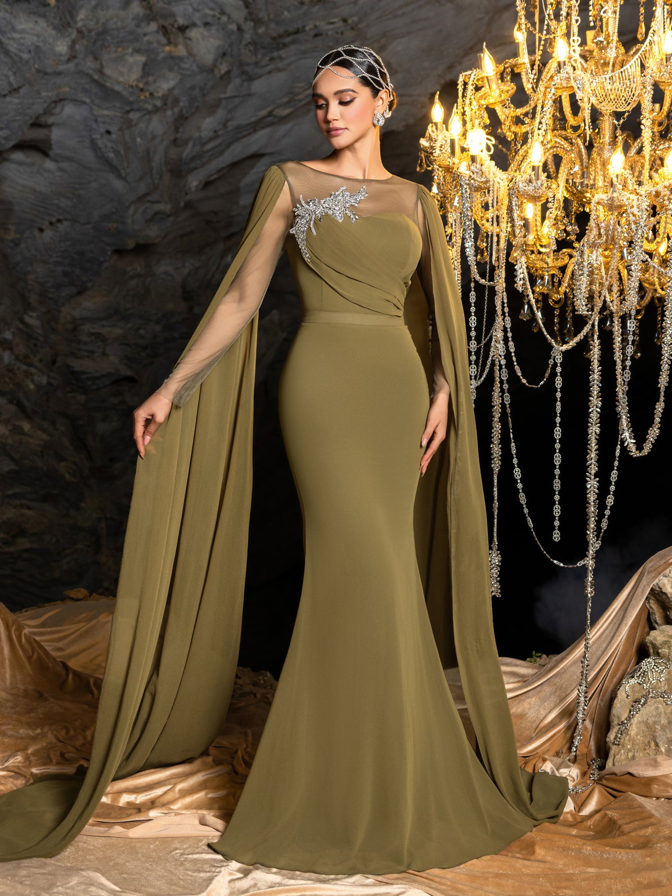 Gorgeous Chiffon Mermaid Evening Dress | Rhinestone Embroidered Bodice with Flowing Cape