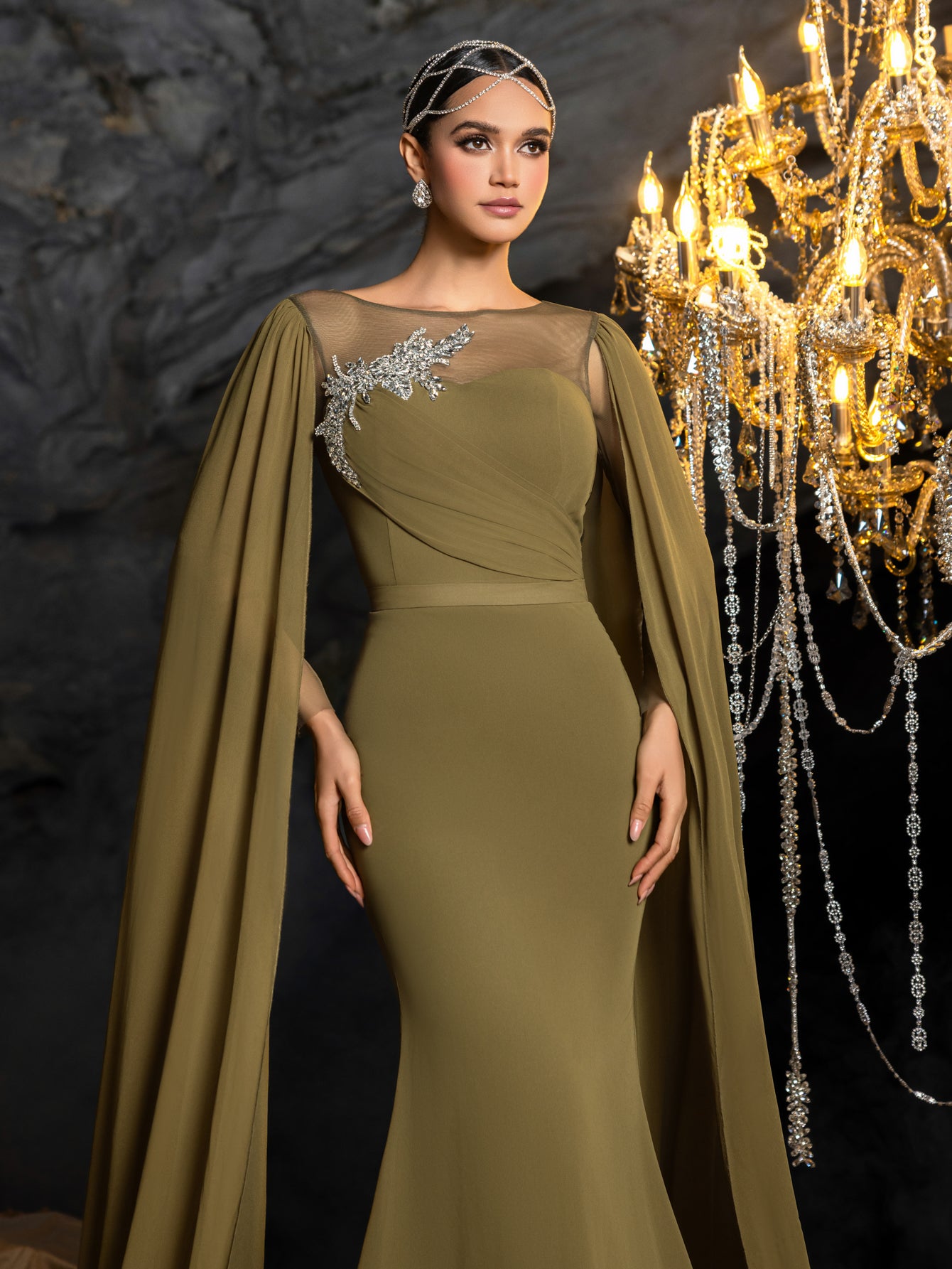 Gorgeous Chiffon Mermaid Evening Dress | Rhinestone Embroidered Bodice with Flowing Cape
