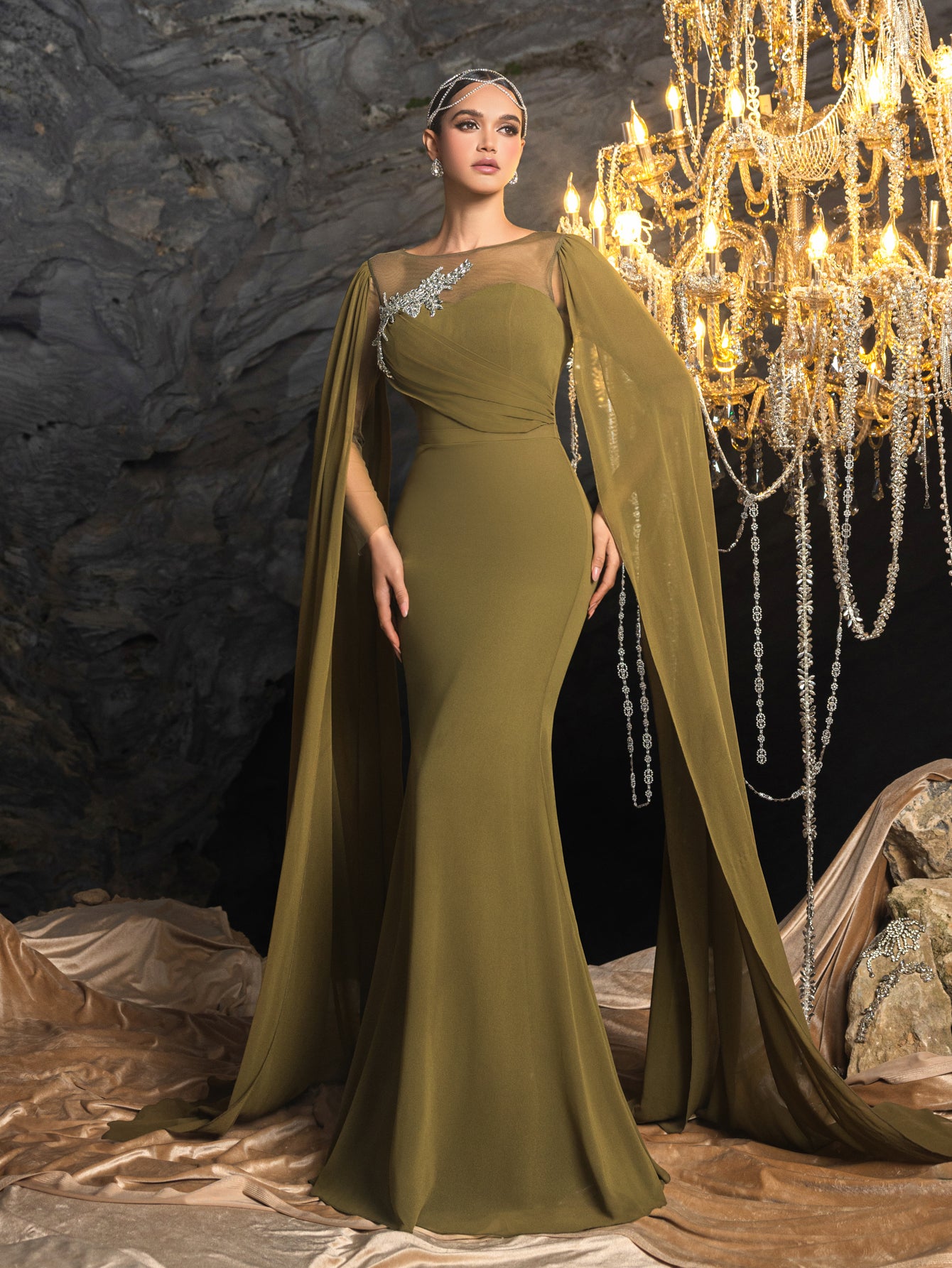 Gorgeous Chiffon Mermaid Evening Dress | Rhinestone Embroidered Bodice with Flowing Cape