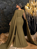 Gorgeous Chiffon Mermaid Evening Dress | Rhinestone Embroidered Bodice with Flowing Cape