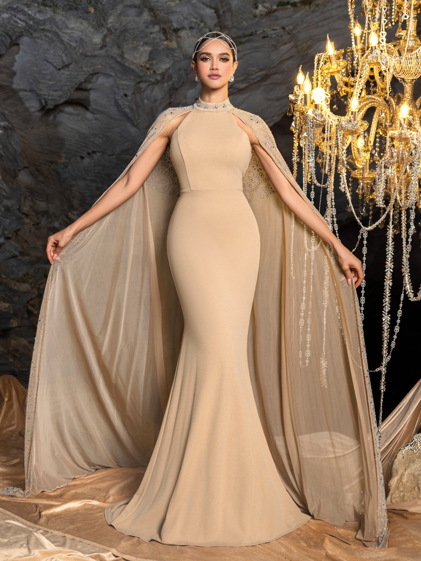 Gorgeous Rhinestone Detail Mock Neck Mermaid Hem Formal Cape Dress Evening Dress Black / M Gorgeous Rhinestone Detail Mock Neck Mermaid Hem Formal Cape Dress Evening Dress Black / M