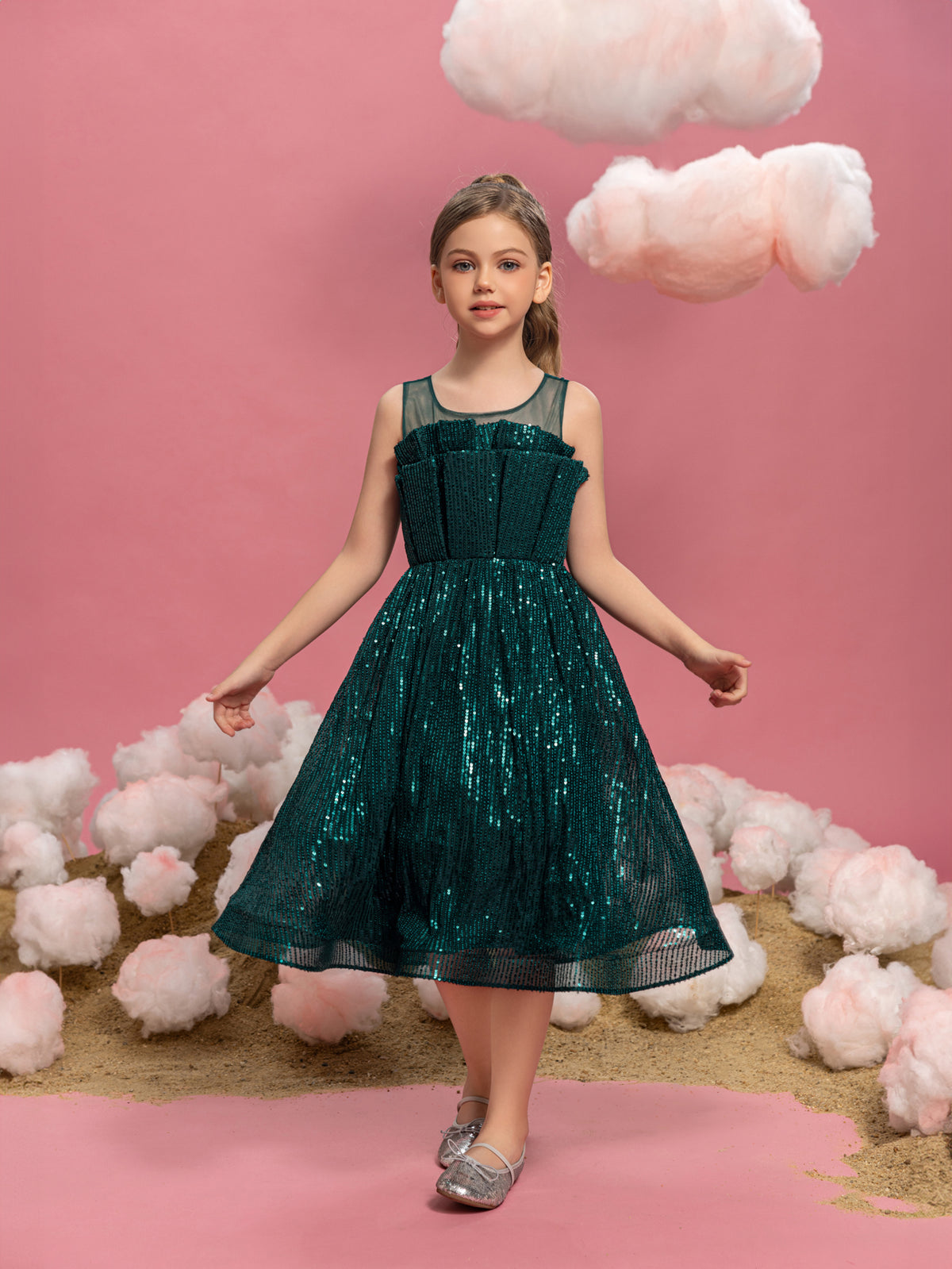 Tween Girls' Pleated Front Sleeveless Sequin Party Dresses