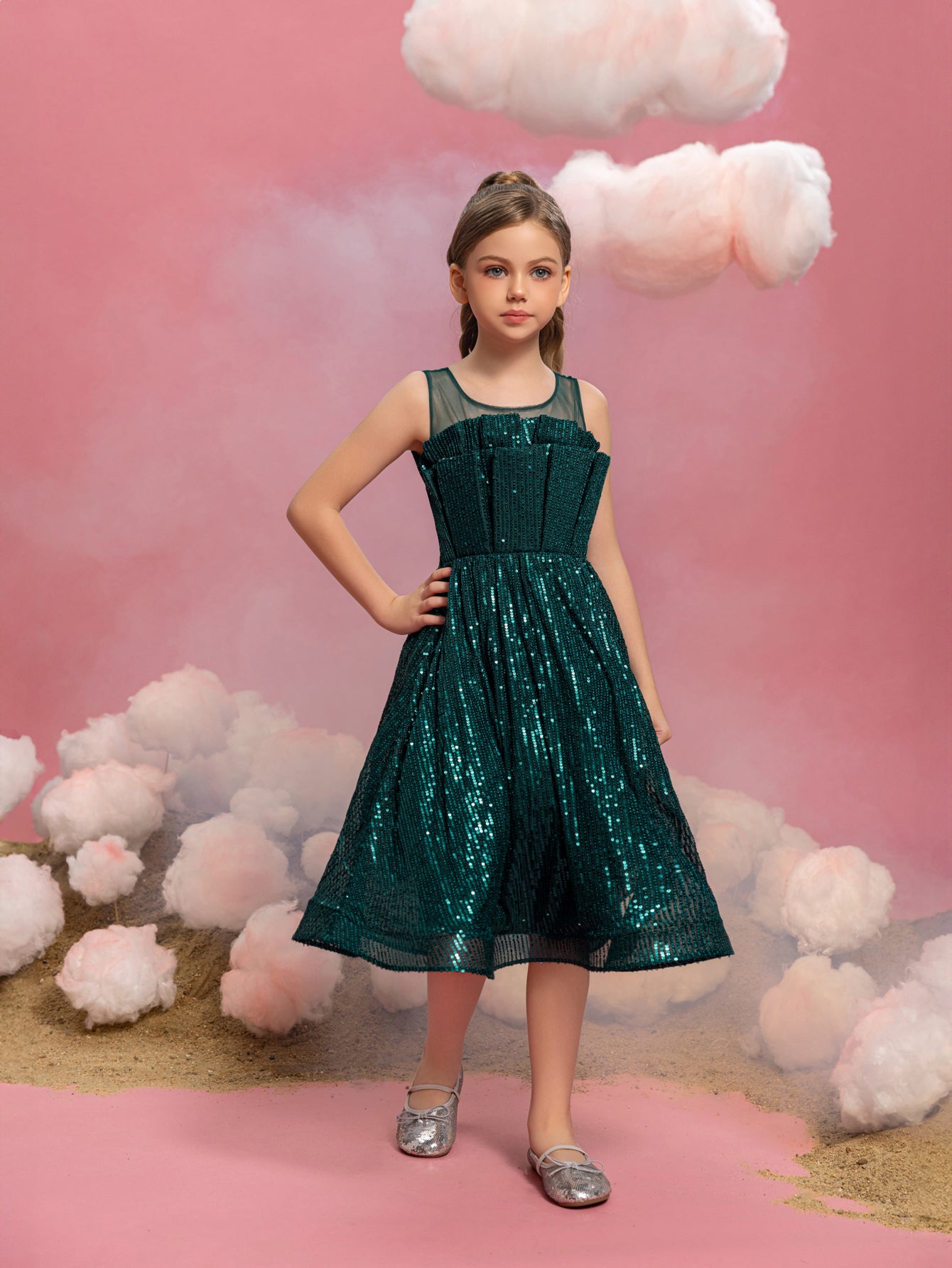 Tween Girls' Pleated Front Sleeveless Sequin Party Dresses