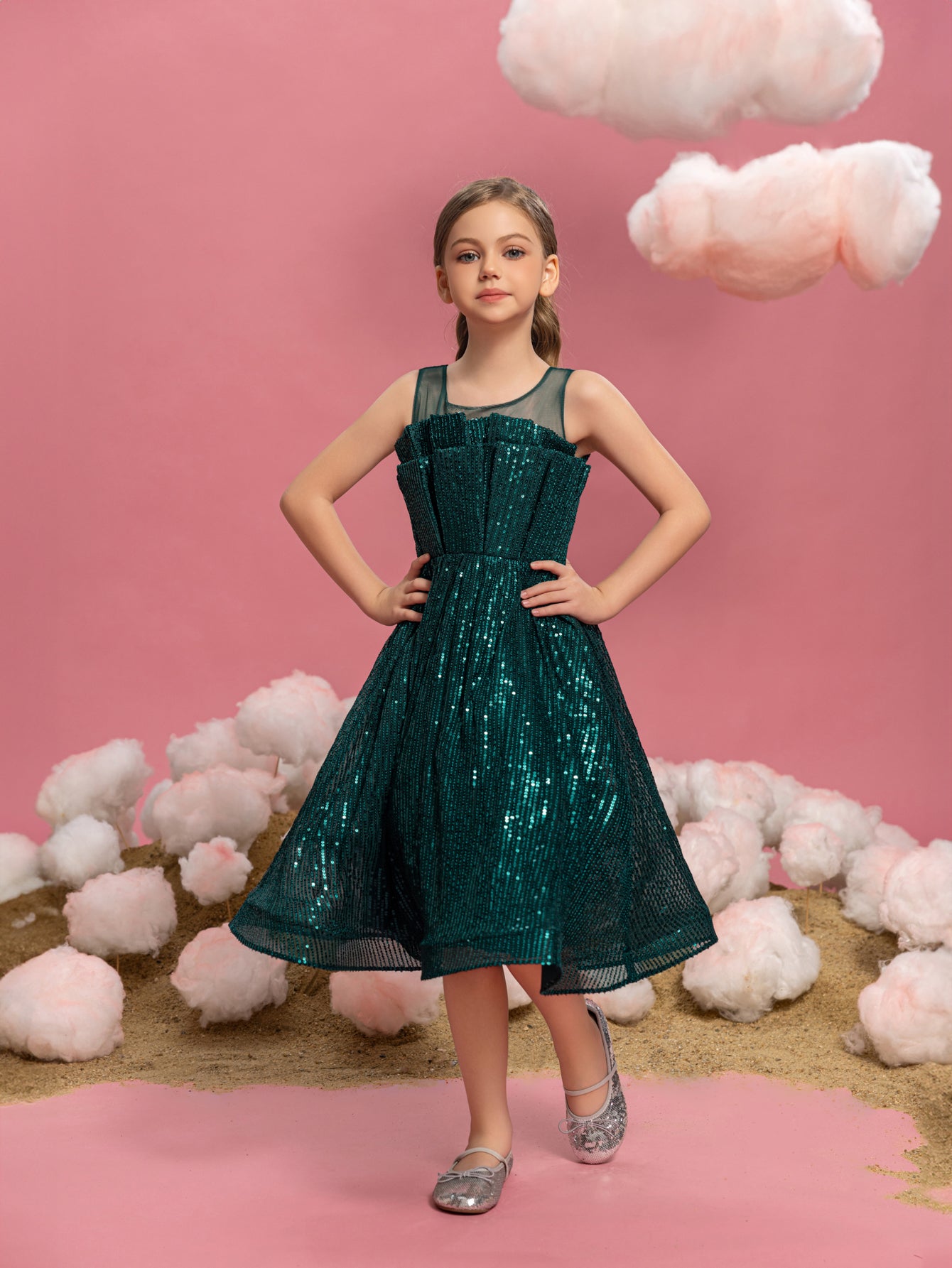 Tween Girls' Pleated Front Sleeveless Sequin Party Dresses