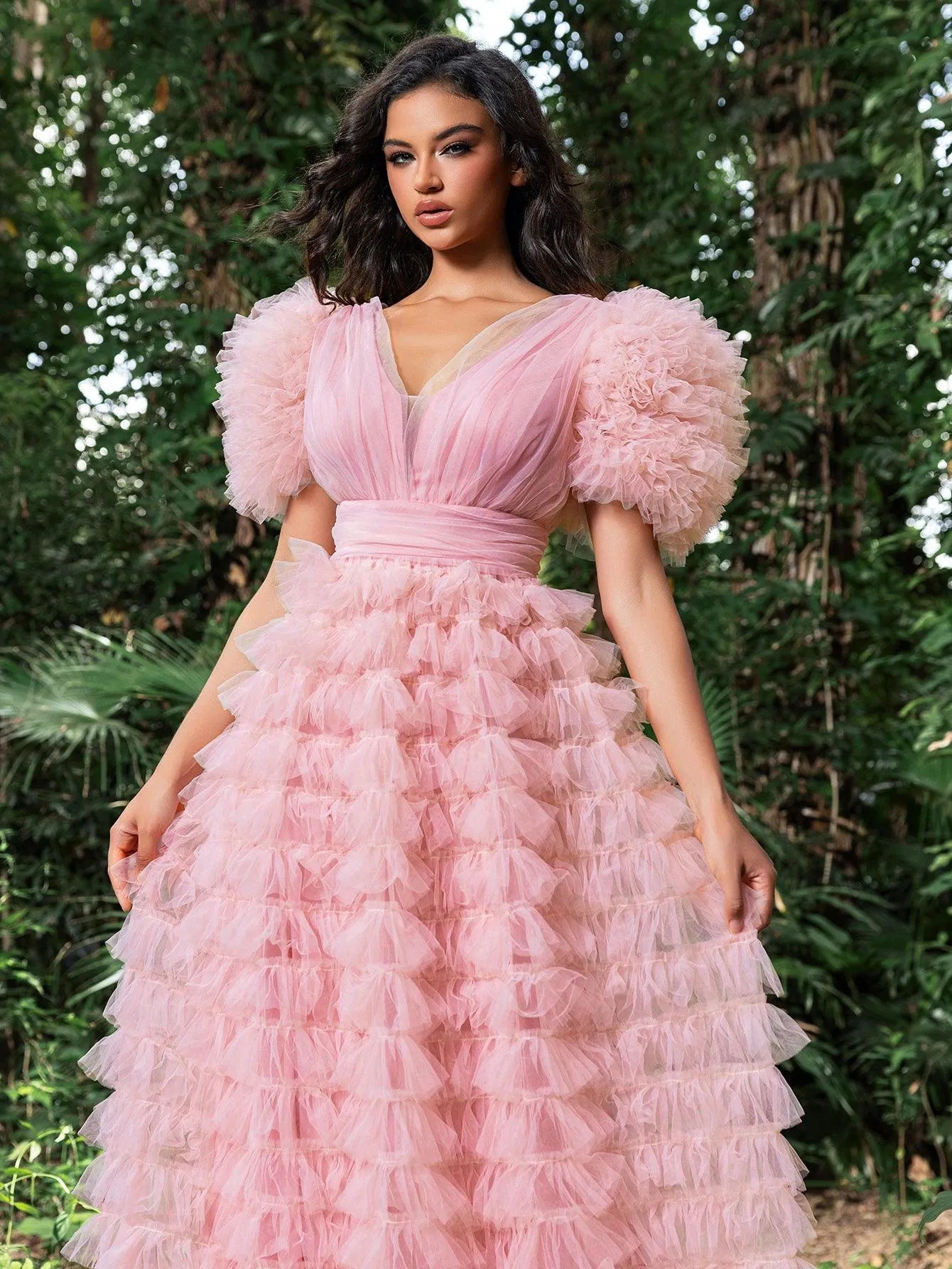 Ruffle Trim V Neck Puff Sleeves Cake Prom Dress - Elonnashop