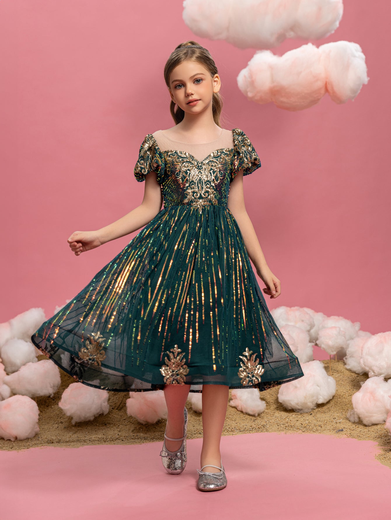 Tween Girls' Puff Sleeve Graphic Sequin Party Dress Elonnashop Tween Girls' Puff Sleeve Graphic Sequin Party Dress Elonnashop