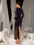 Elegant Long Sleeves Split Hem Ombre Sequin Evening Dress