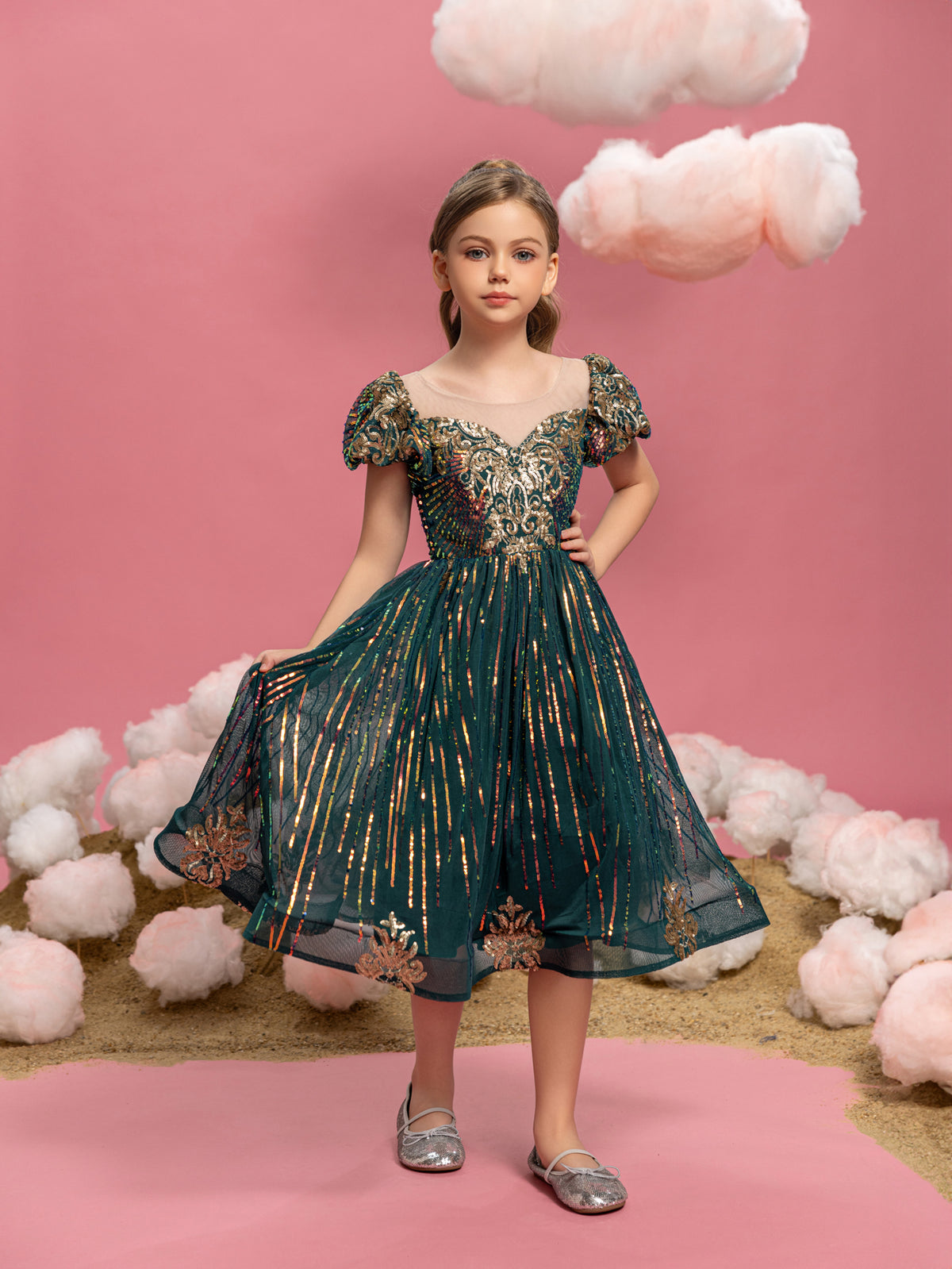 Tween Girls' Puff Sleeve Graphic Sequin Party Dress