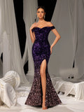 Elegant Off Shoulder Split Mermaid Hem Ombre Sequin Evening Dress