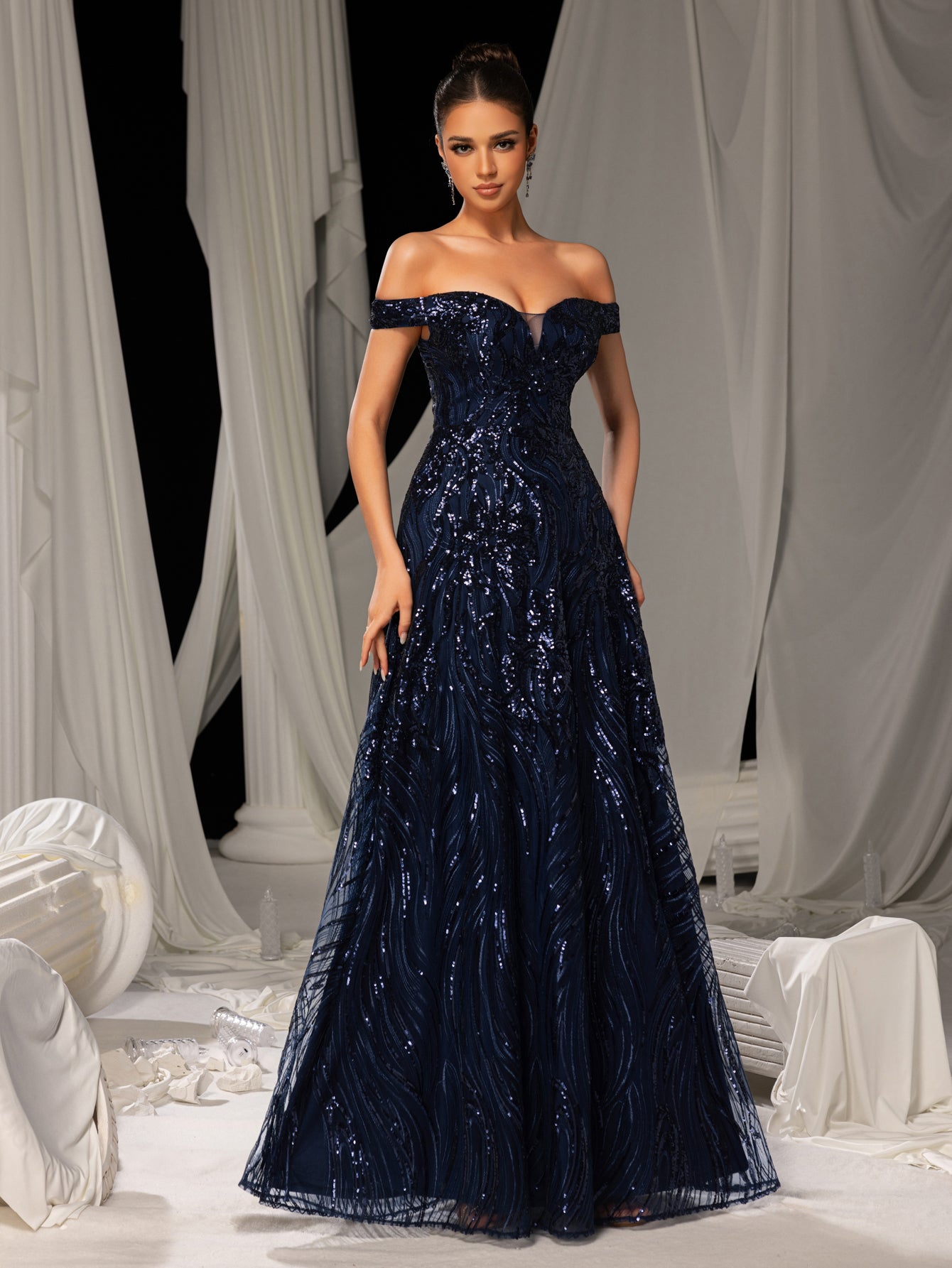 Elegant Off Shoulder Graphic Sequin Formal Prom Dress Evening Dress