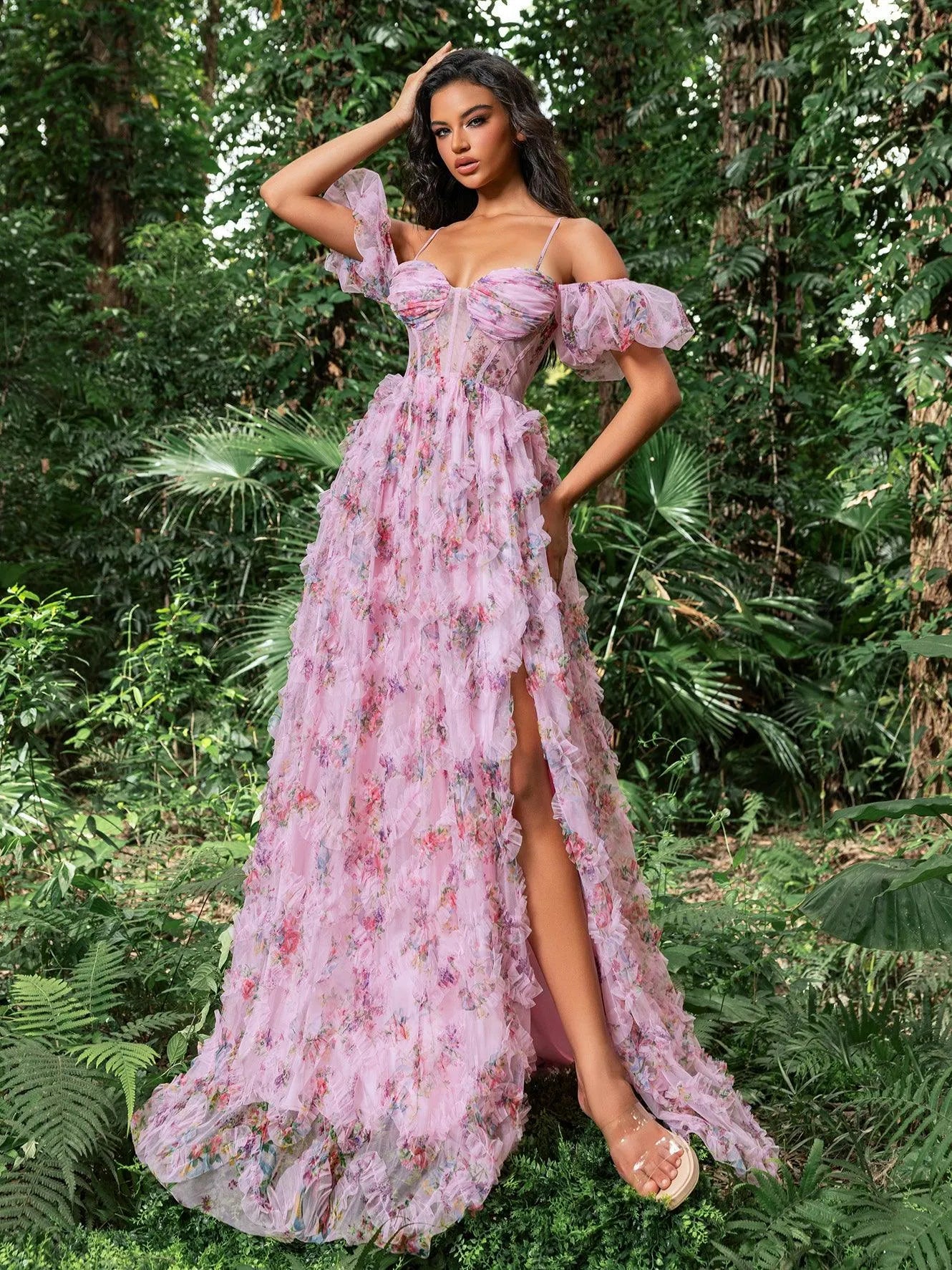 Floral Tulle Off Shoulder Cascading Ruffle Hem Slip Prom Dress - Elonnashop