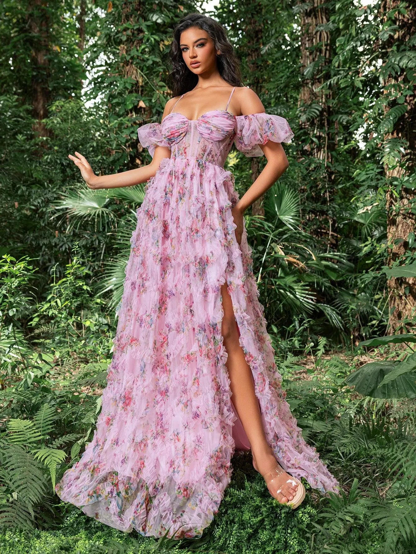 Floral Tulle Off Shoulder Cascading Ruffle Hem Slip Prom Dress - Elonnashop