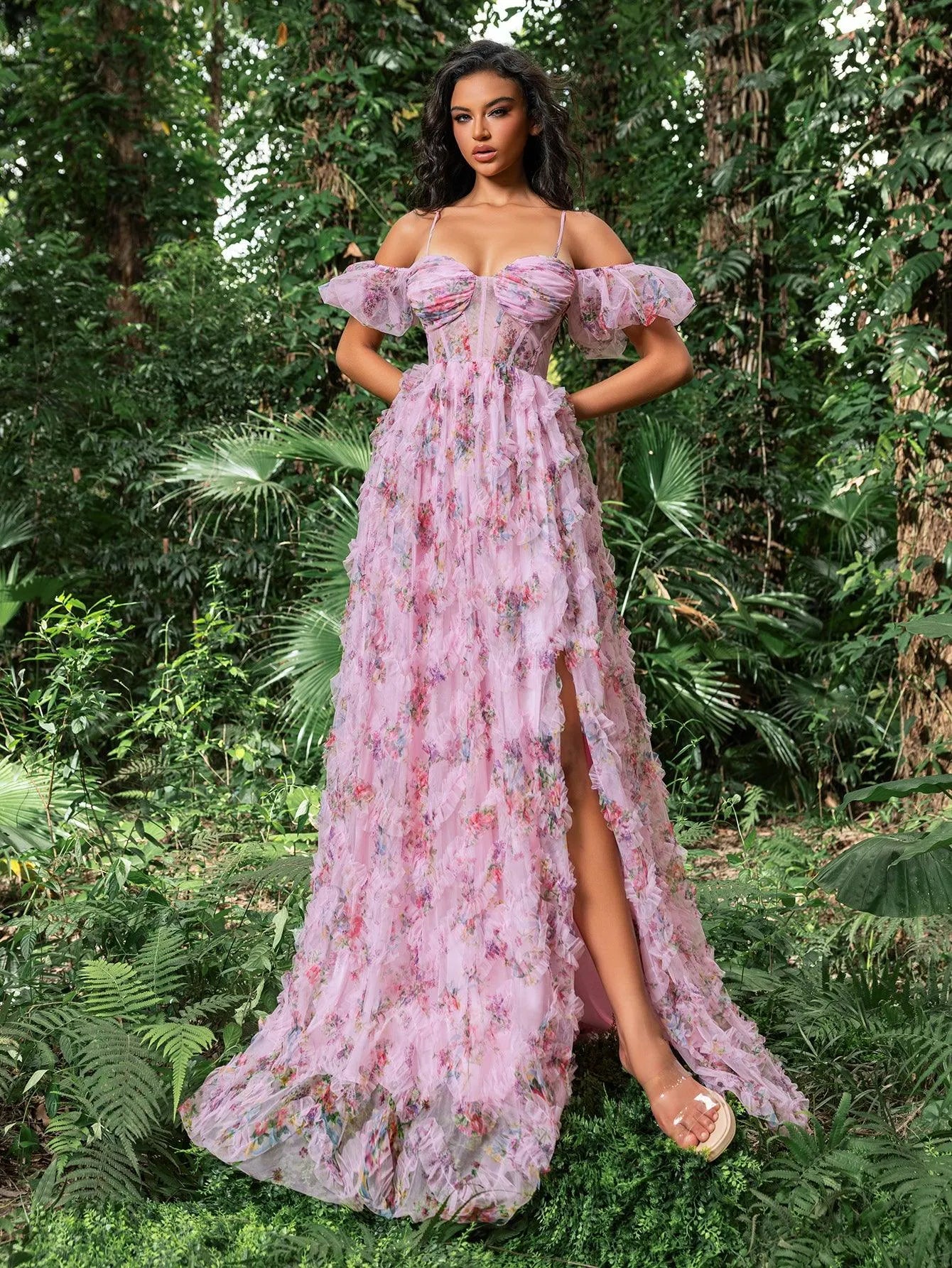 Floral Tulle Off Shoulder Cascading Ruffle Hem Slip Prom Dress - Elonnashop