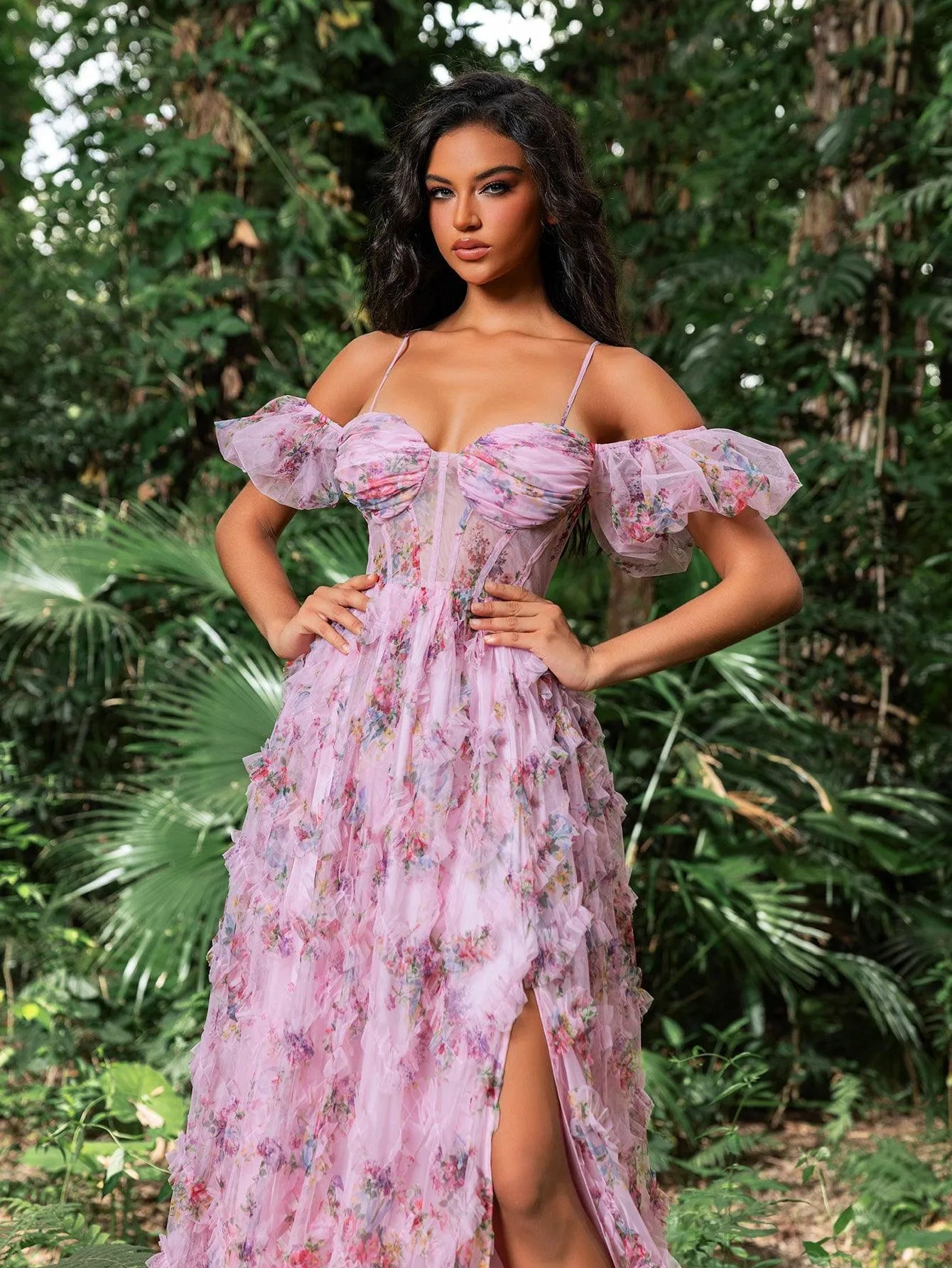 Floral Tulle Off Shoulder Cascading Ruffle Hem Slip Prom Dress - Elonnashop