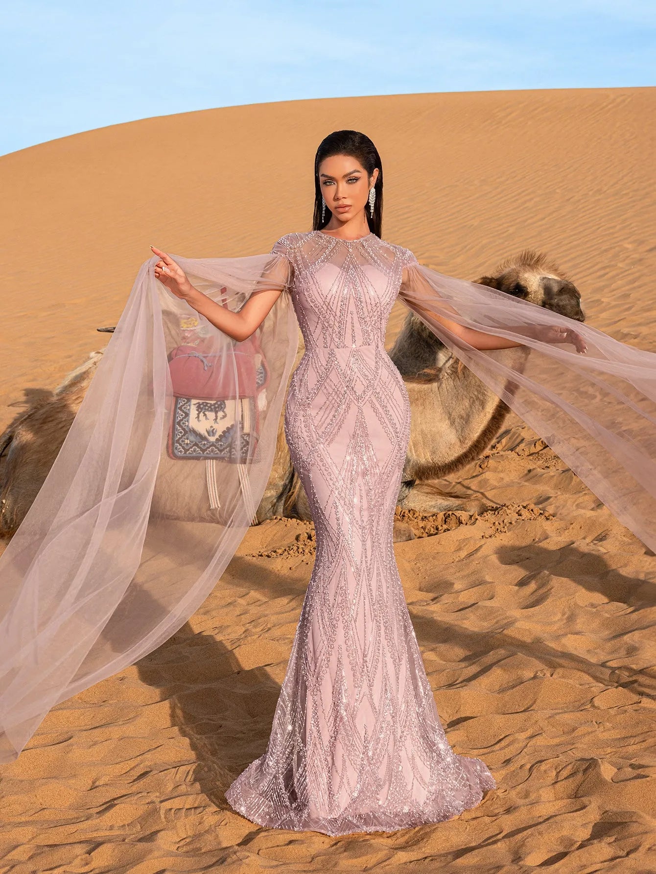 Luxury Gorgeous Sheer Cloak Sleeves Mermaid Hem Beaded Evening Dress Elonnashop Luxury Gorgeous Sheer Cloak Sleeves Mermaid Hem Beaded Evening Dress Elonnashop