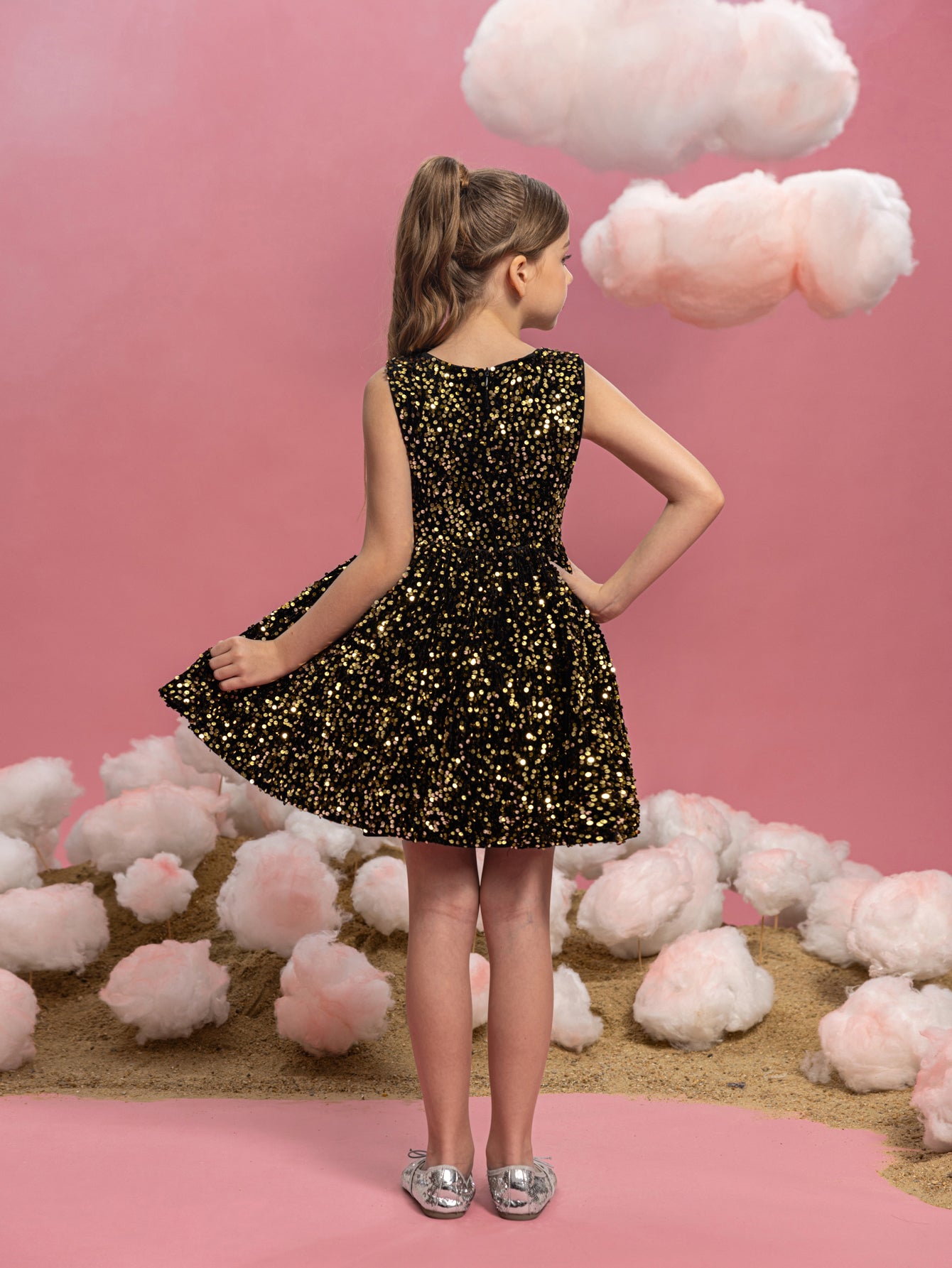 Tween Girls' Cute Sleeveless Bow Front Sequin A Line Dress