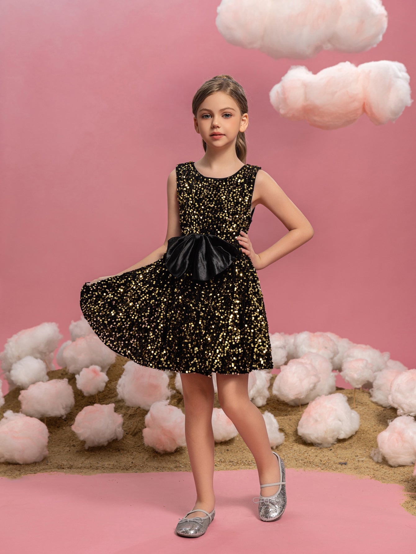 Tween Girls' Cute Sleeveless Bow Front Sequin A Line Dress