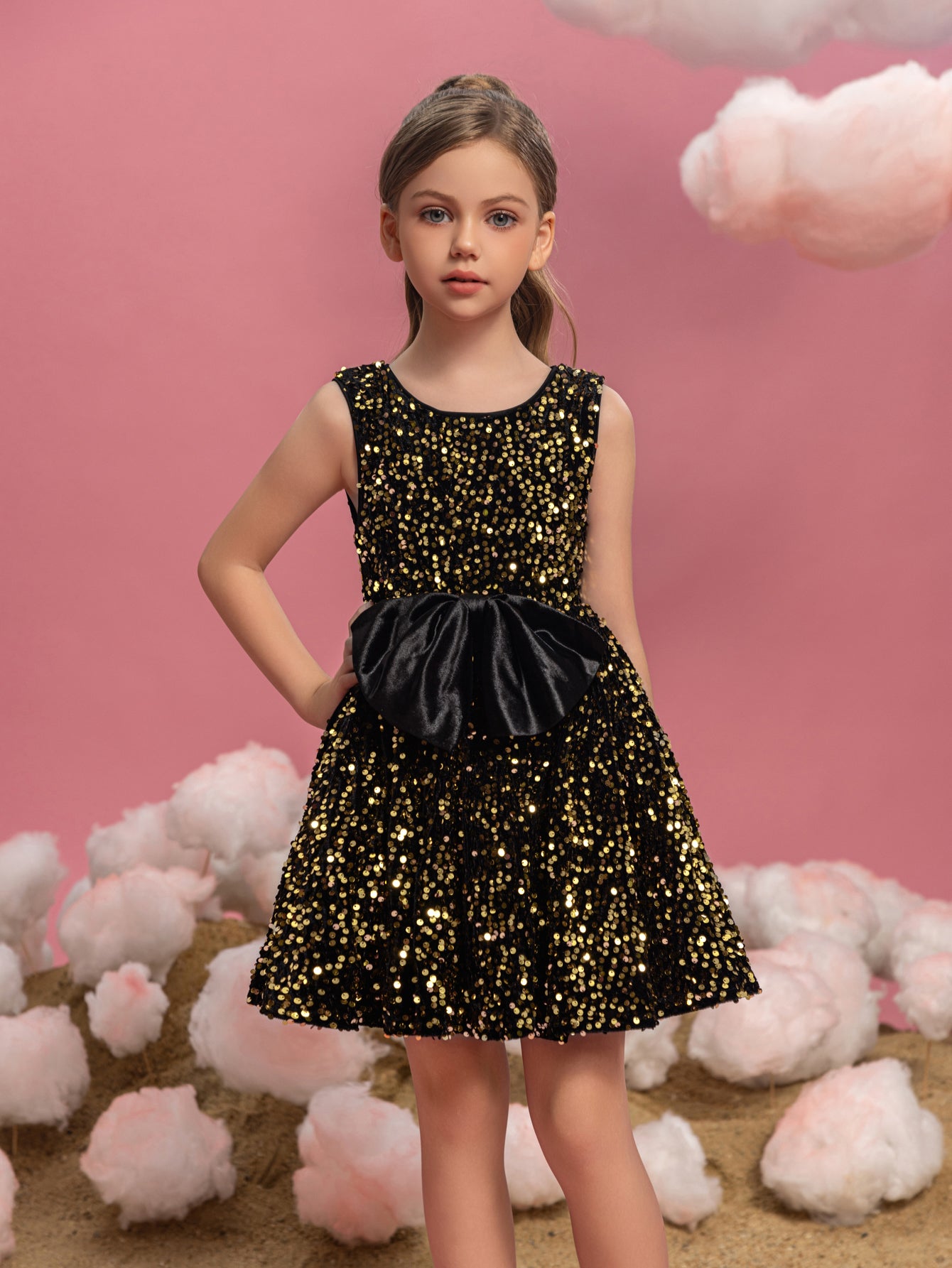 Tween Girls' Cute Sleeveless Bow Front Sequin A Line Dress