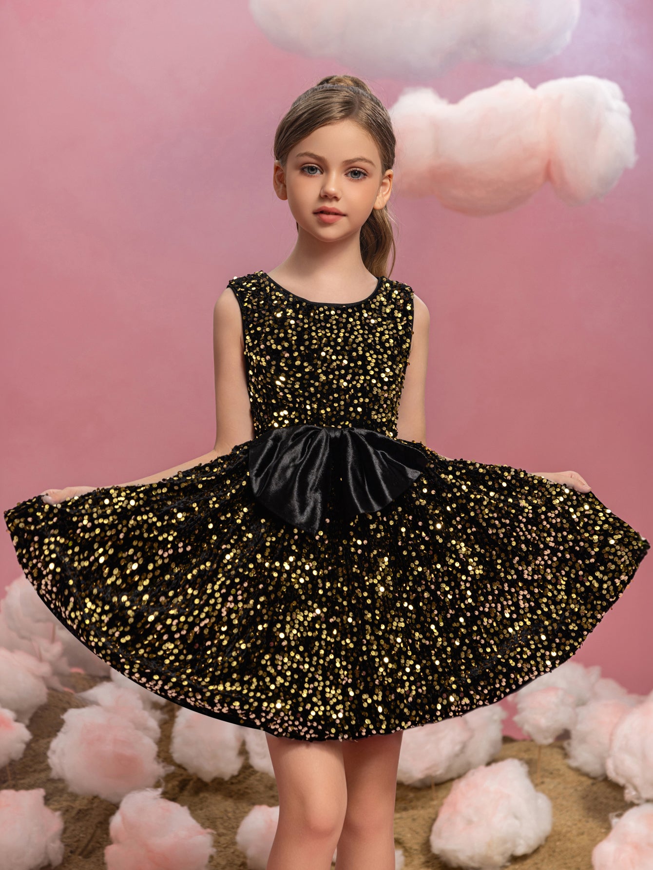 Tween Girls' Cute Sleeveless Bow Front Sequin A Line Dress