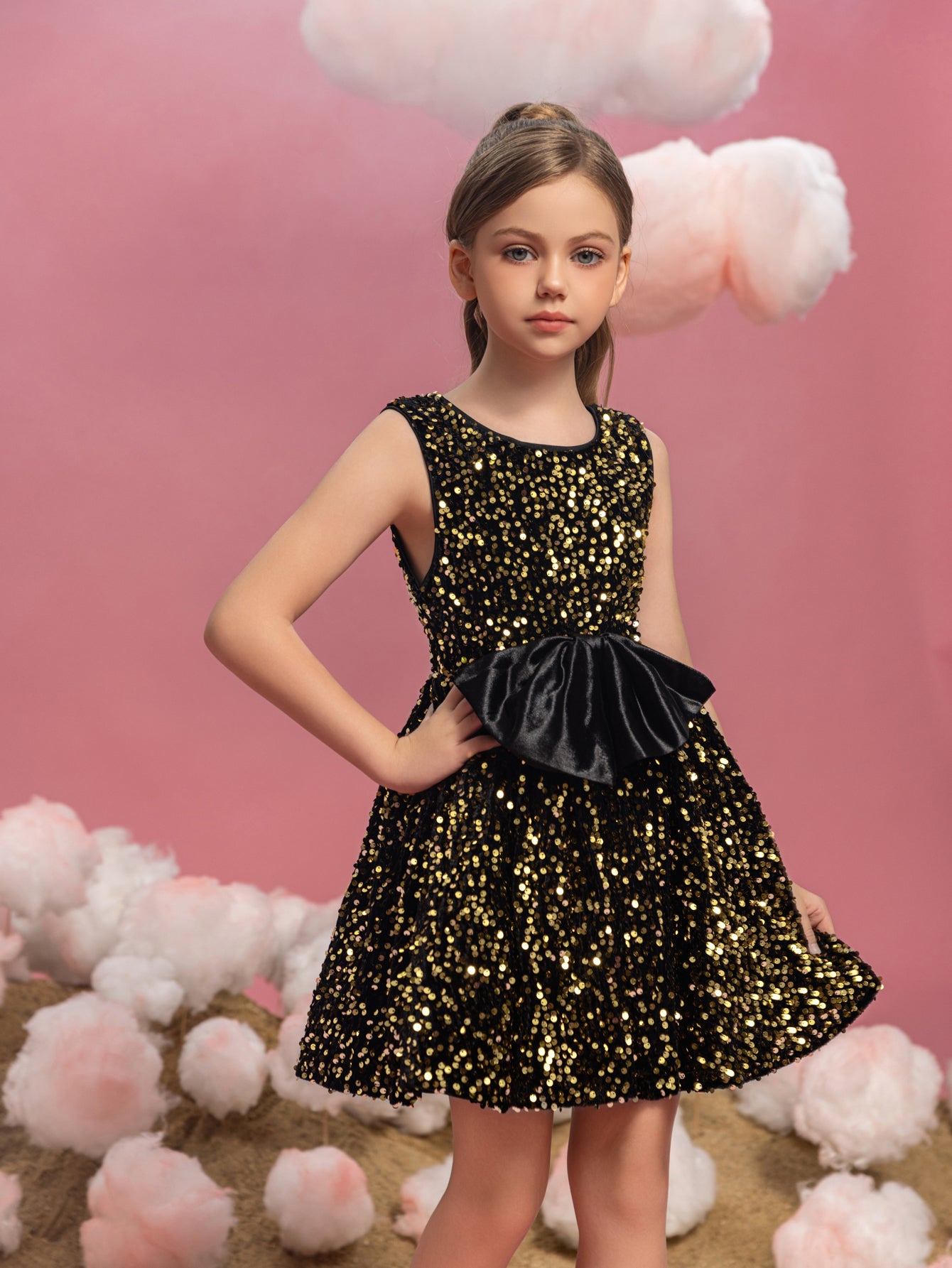 Tween Girls' Cute Sleeveless Bow Front Sequin A Line Dress