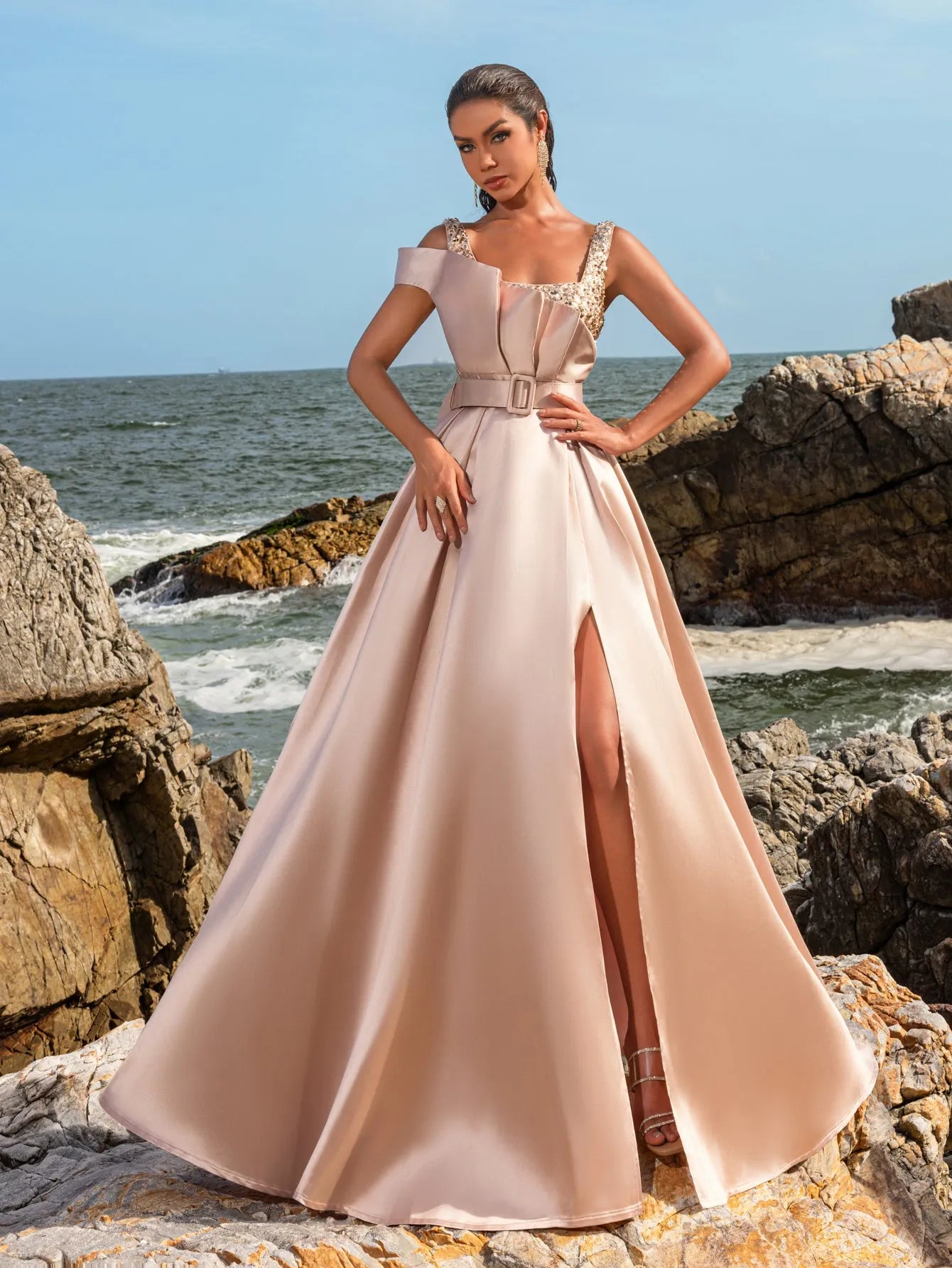 Elegant Square Collar Buckle Belted Split Satin Prom Dress