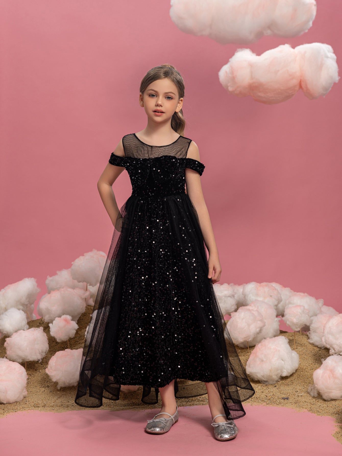 Tween Girls' Cold Shoulder Mesh Overlay Sequin Party Dress