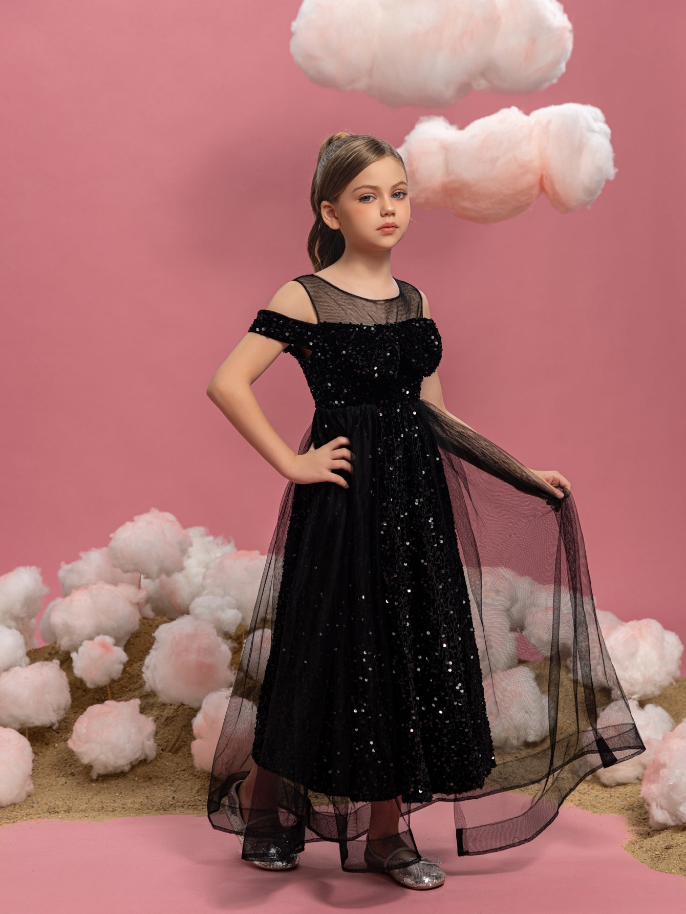 Tween Girls' Cold Shoulder Mesh Overlay Sequin Party Dress