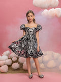 Tween Girls' Puff Sleeve Contrast Mesh Sequin Party Dress